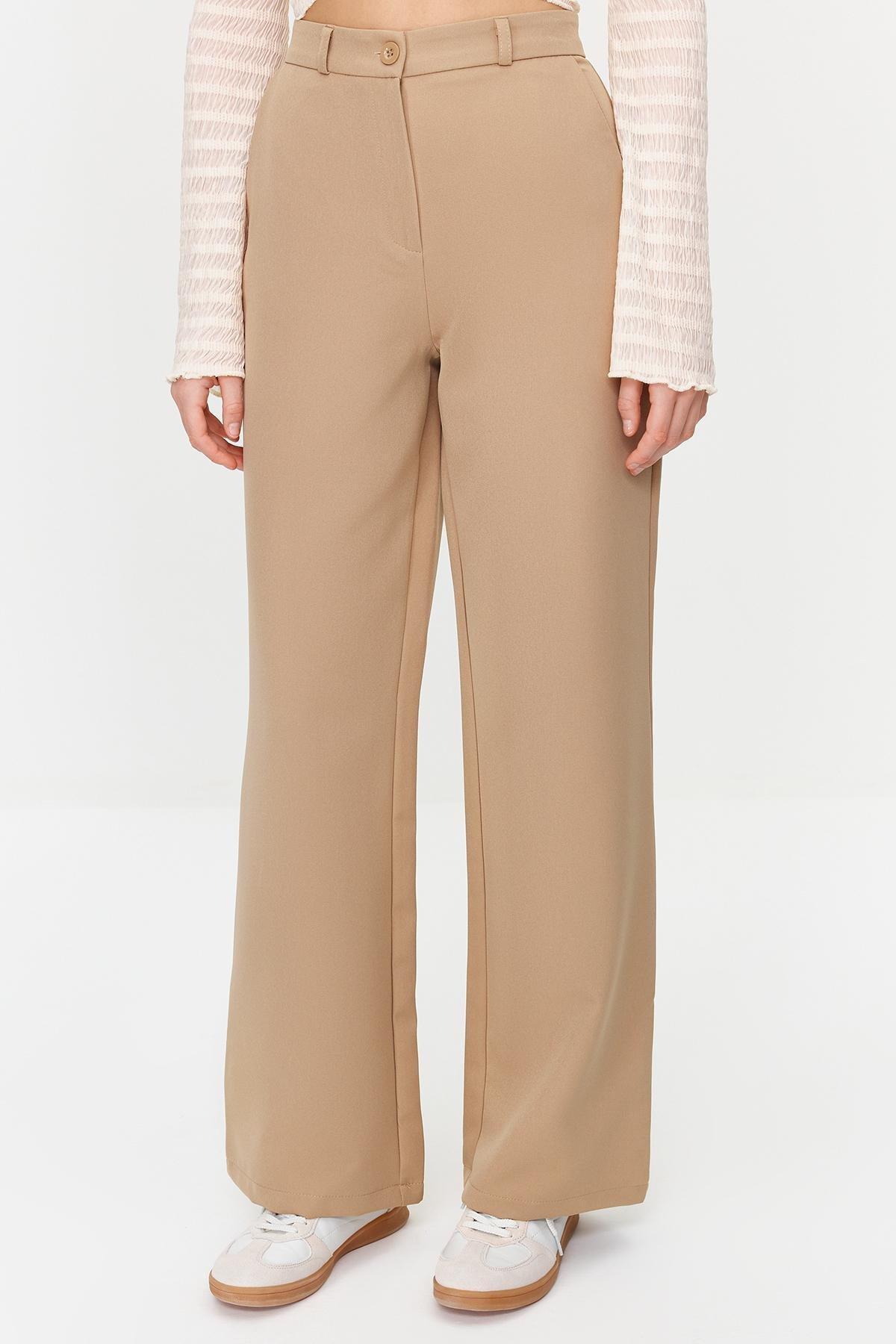 Beige Wide Leg Woven Trousers, , large image number 4