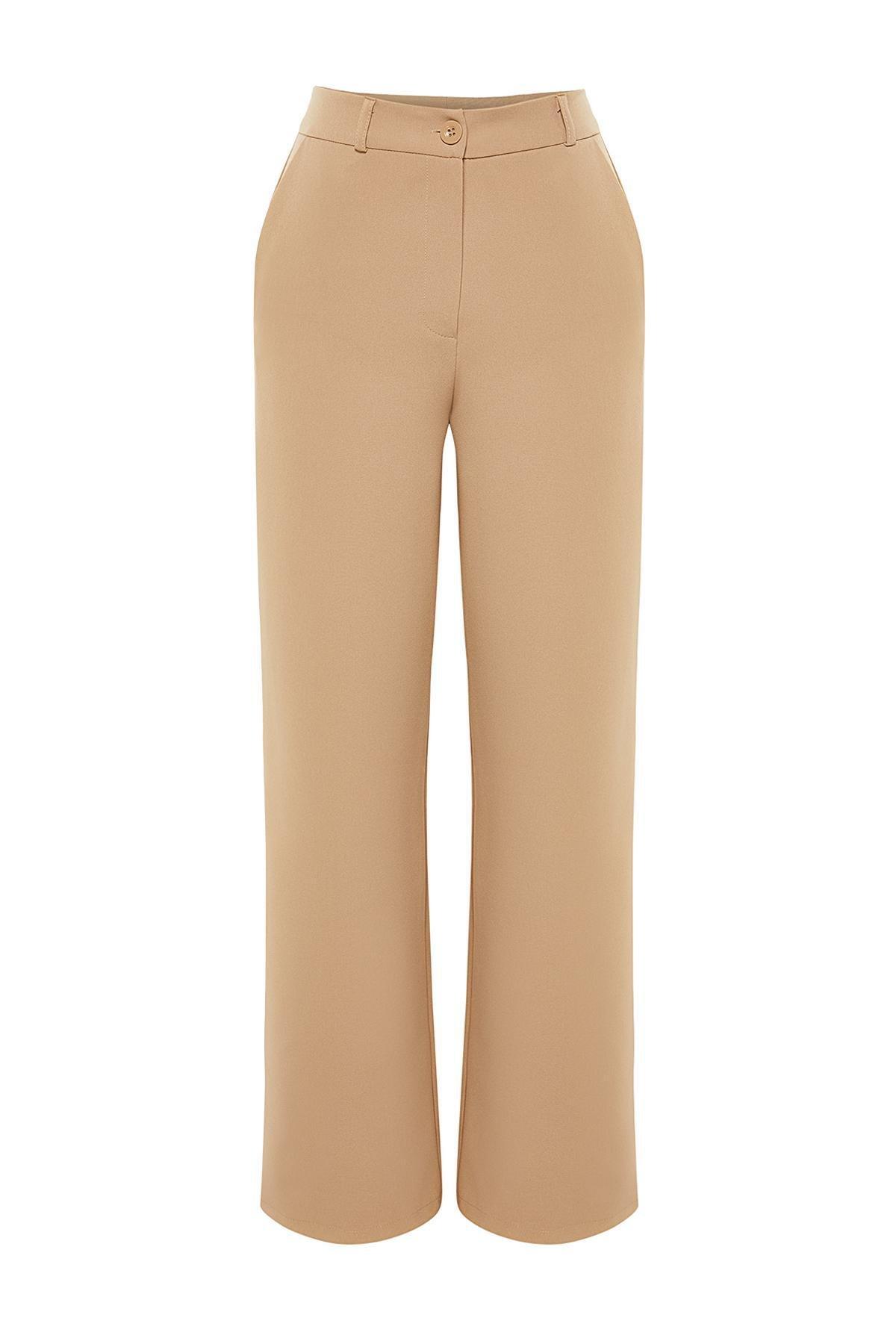 Beige Wide Leg Woven Trousers, , large image number 5