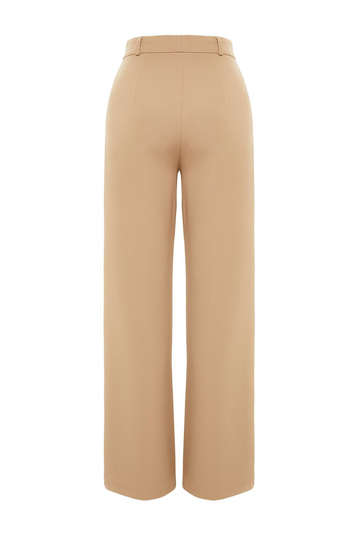 Beige Wide Leg Woven Trousers, , large image number 6