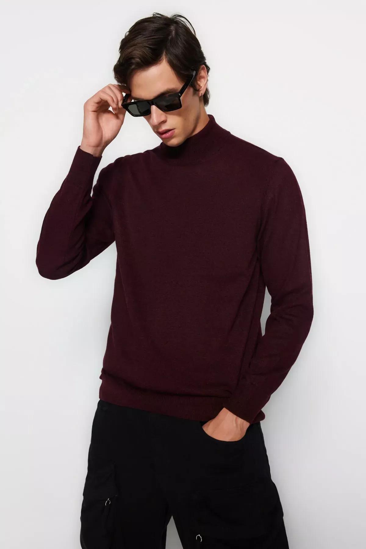 Burgundy Turtleneck Knitwear Sweater, Burgundy, medium