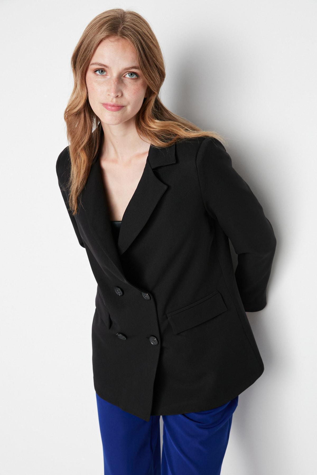 Black Regular Lapel Collar Blazer, Black, medium