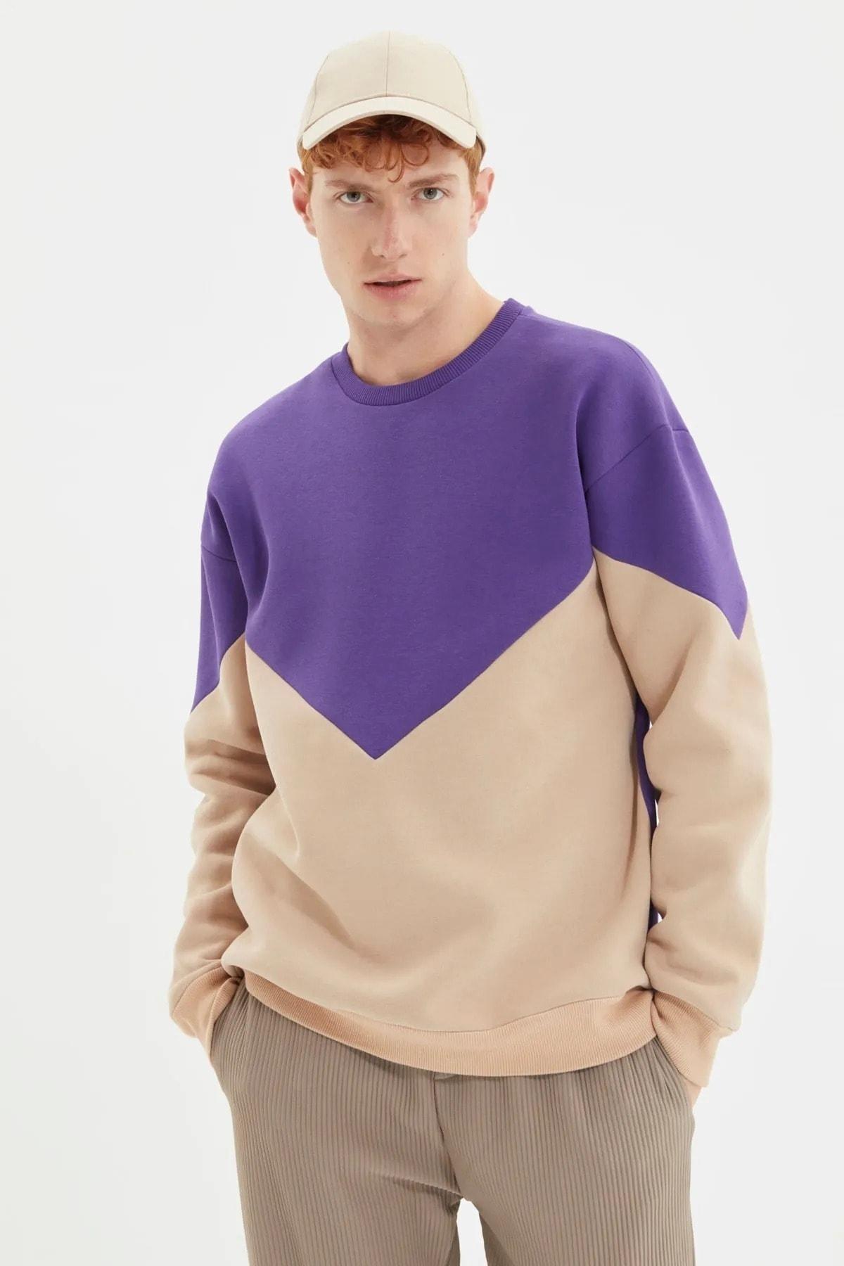 Purple Colour block Crew Neck Sweatshirt, , large image number 0