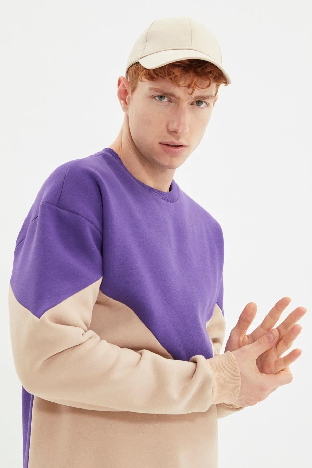 Purple Colour block Crew Neck Sweatshirt, , large image number 1