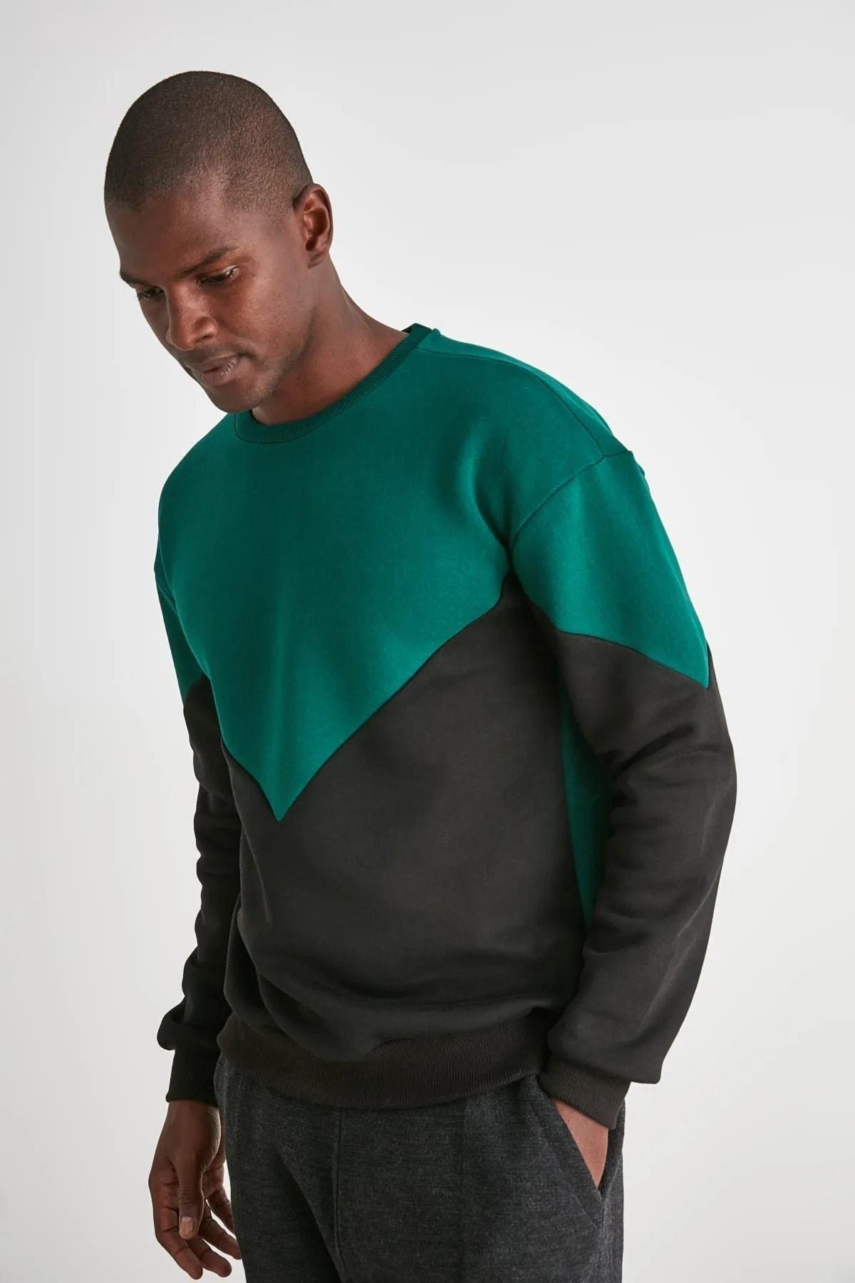 Green Colourblock Crew Neck Sweatshirt, , medium