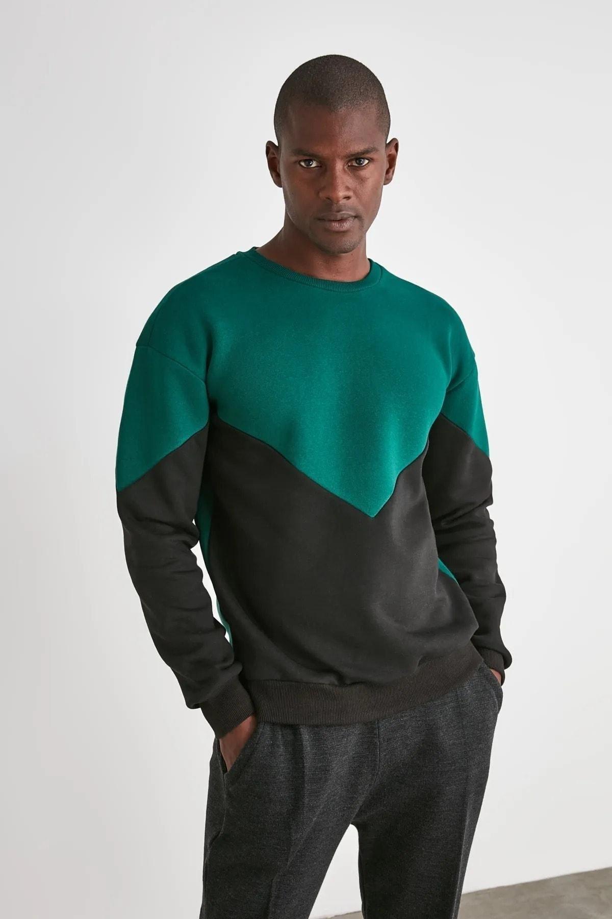 Green Colourblock Crew Neck Sweatshirt, , large image number 1