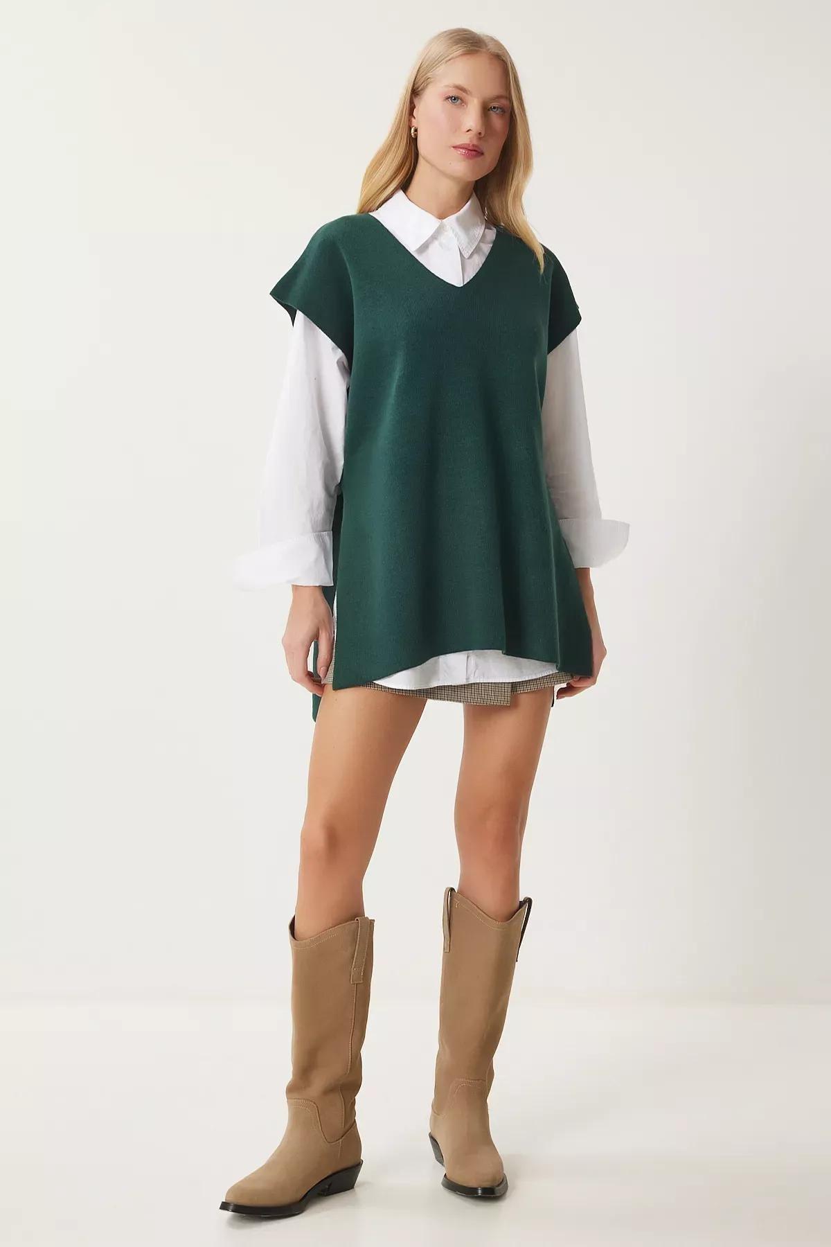 Green V-Neck Knit Sweater, Emerald, large image number 0