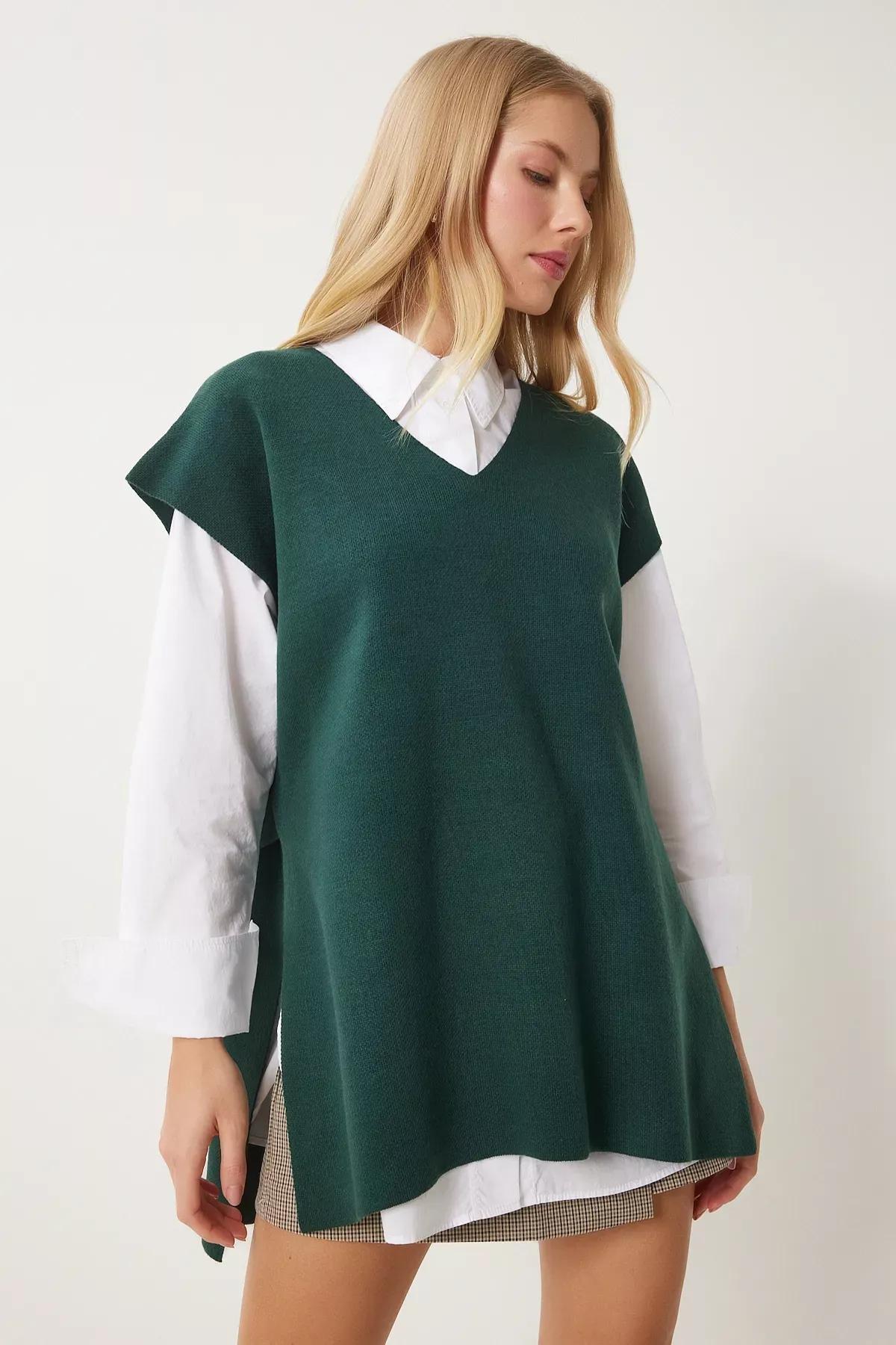 Green V-Neck Knit Sweater, Emerald, large image number 3