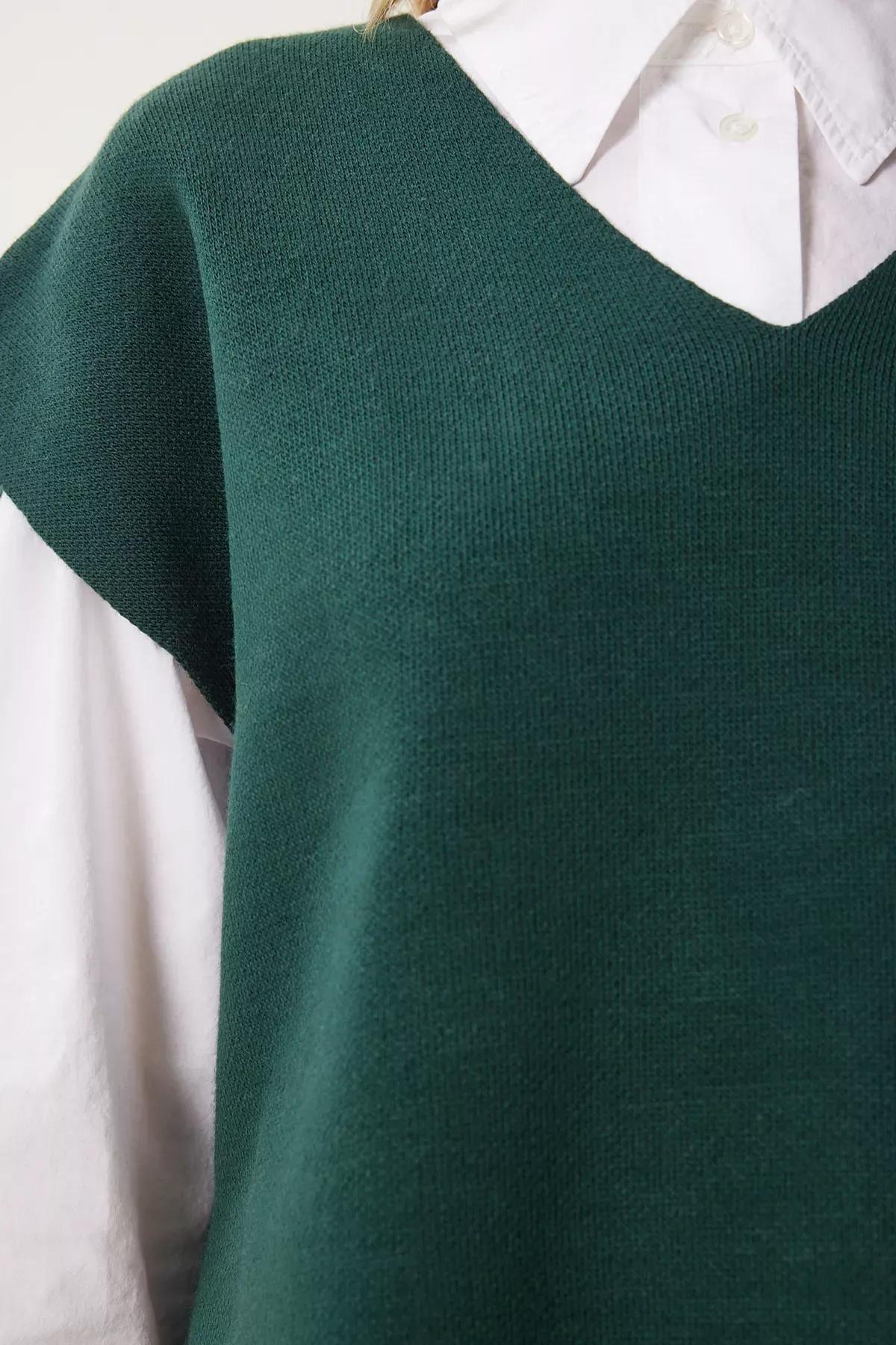 Green V-Neck Knit Sweater, Emerald, large image number 4