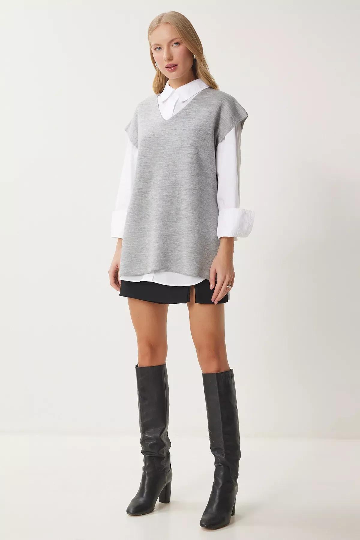 Grey V-Neck Knit Sweater, LIGHT GREY, large image number 0