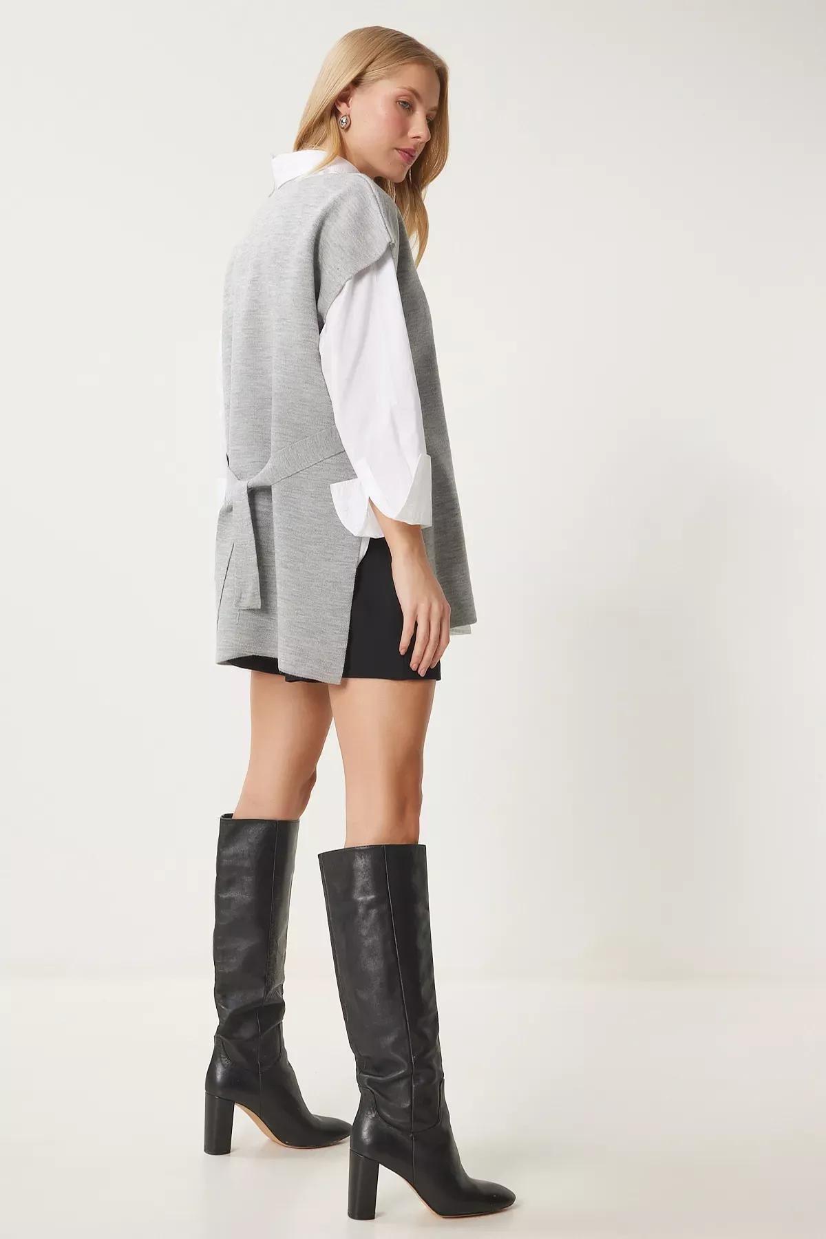 Grey V-Neck Knit Sweater, LIGHT GREY, large image number 1