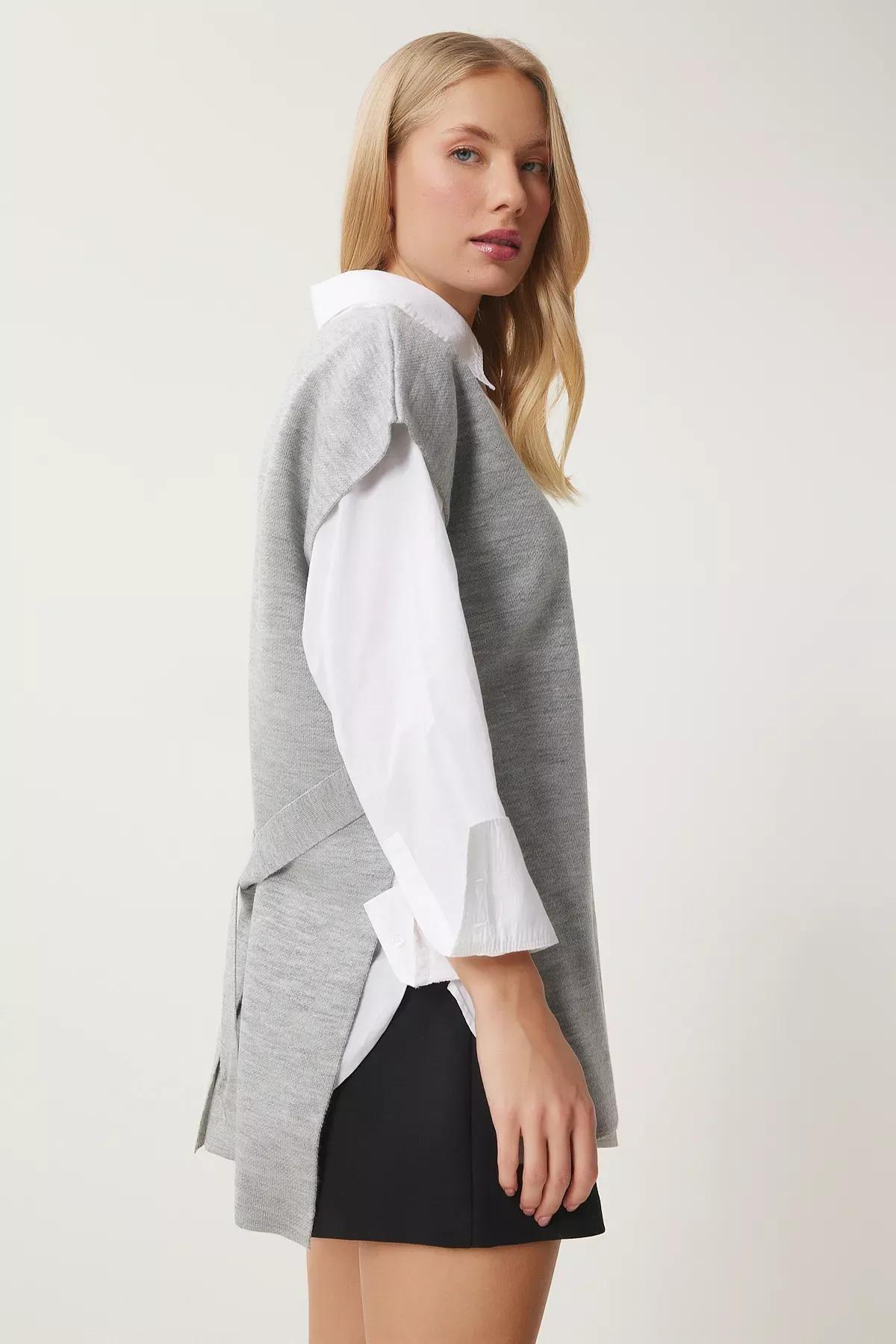 Grey V-Neck Knit Sweater, LIGHT GREY, large image number 2