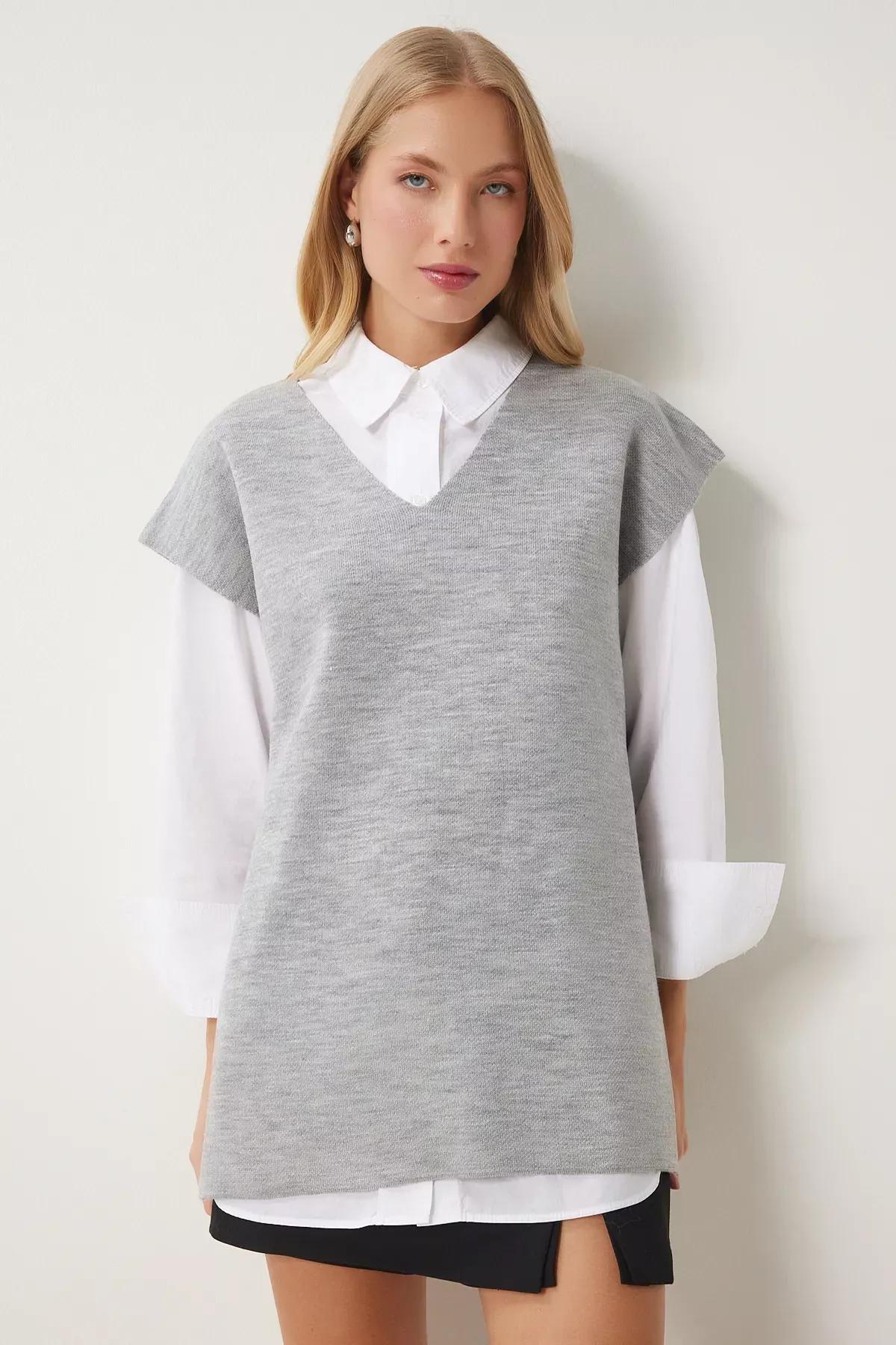 Grey V-Neck Knit Sweater, LIGHT GREY, large image number 3