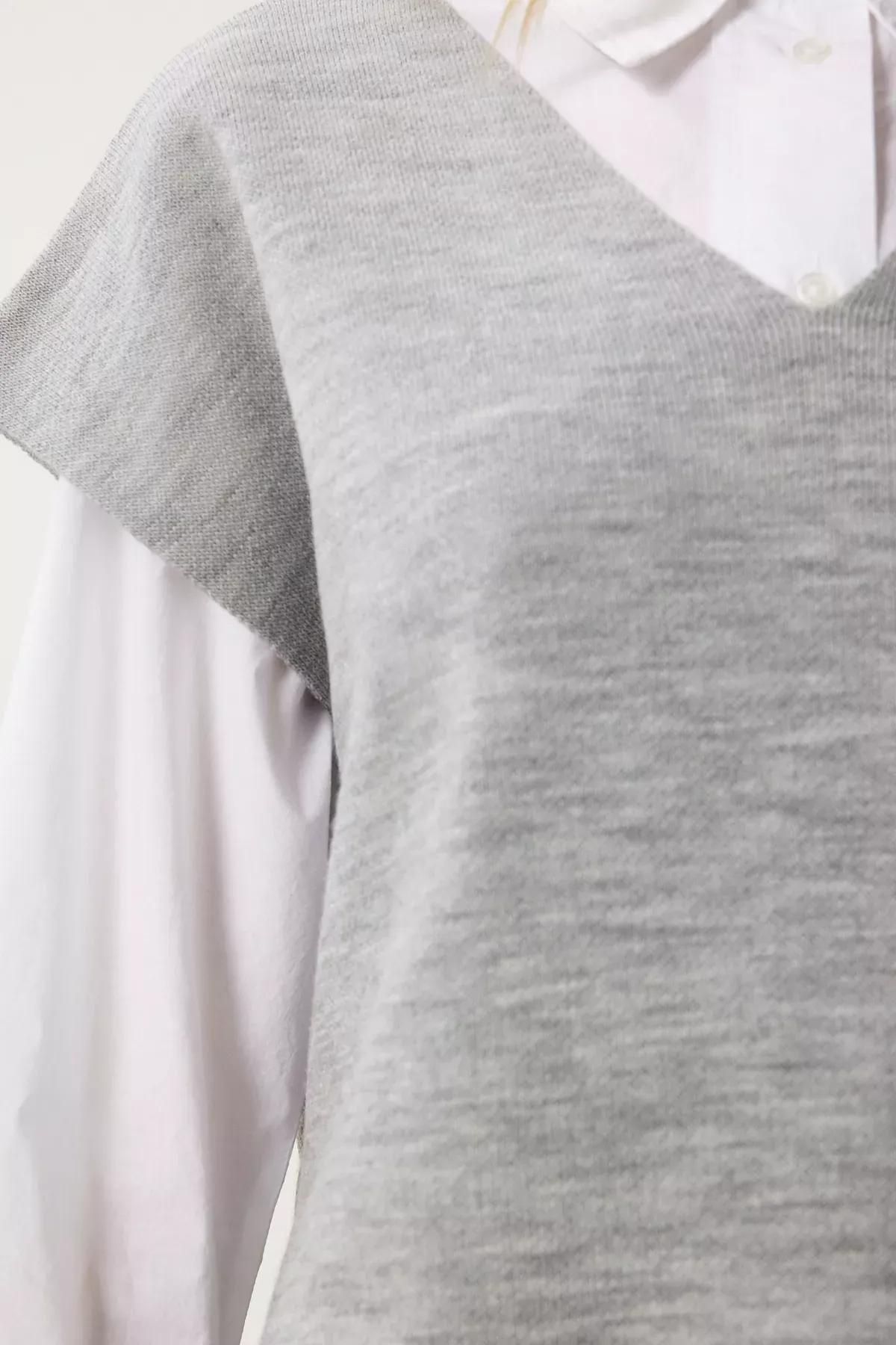 Grey V-Neck Knit Sweater, LIGHT GREY, large image number 4