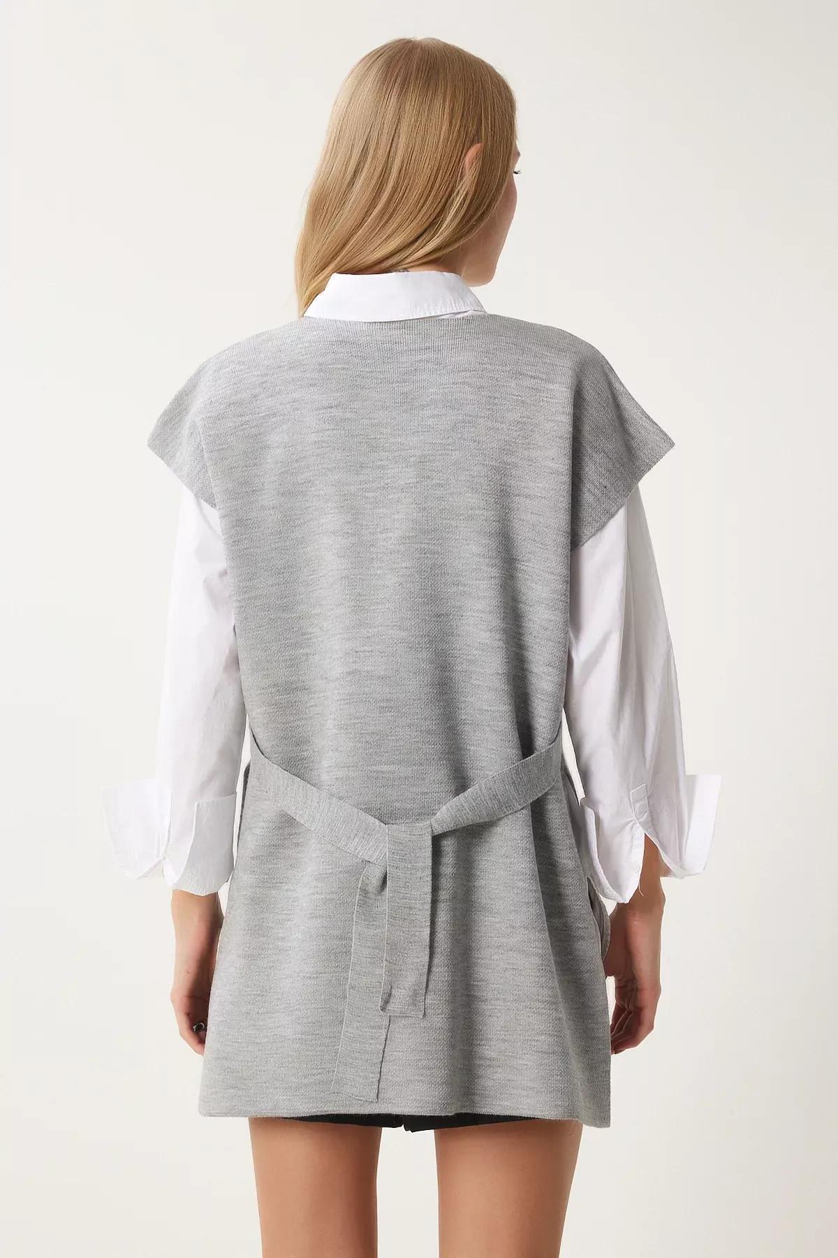Grey V-Neck Knit Sweater, LIGHT GREY, large image number 5