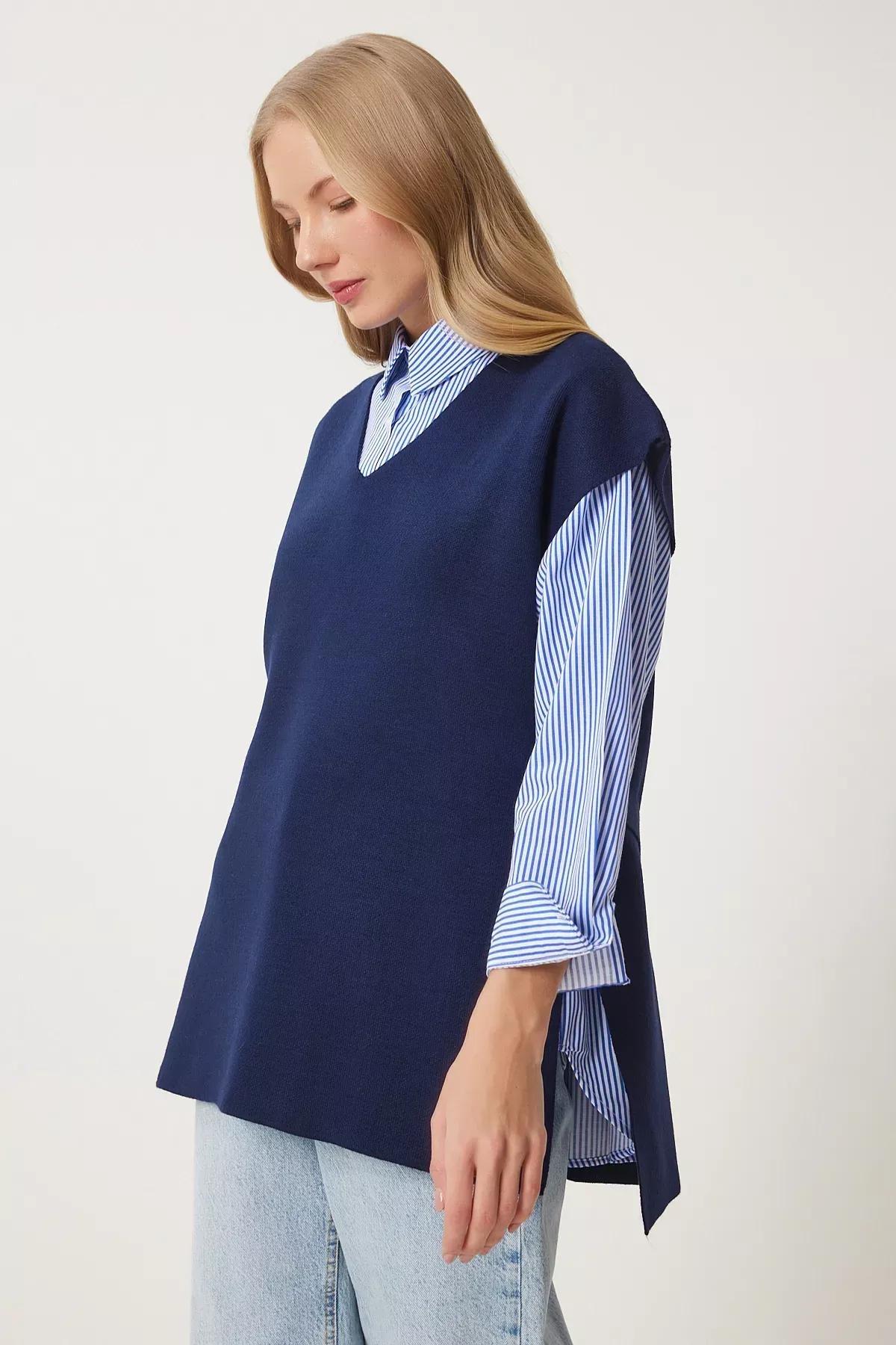 Navy V-Neck Knit Sweater, Navy blue, large image number 0