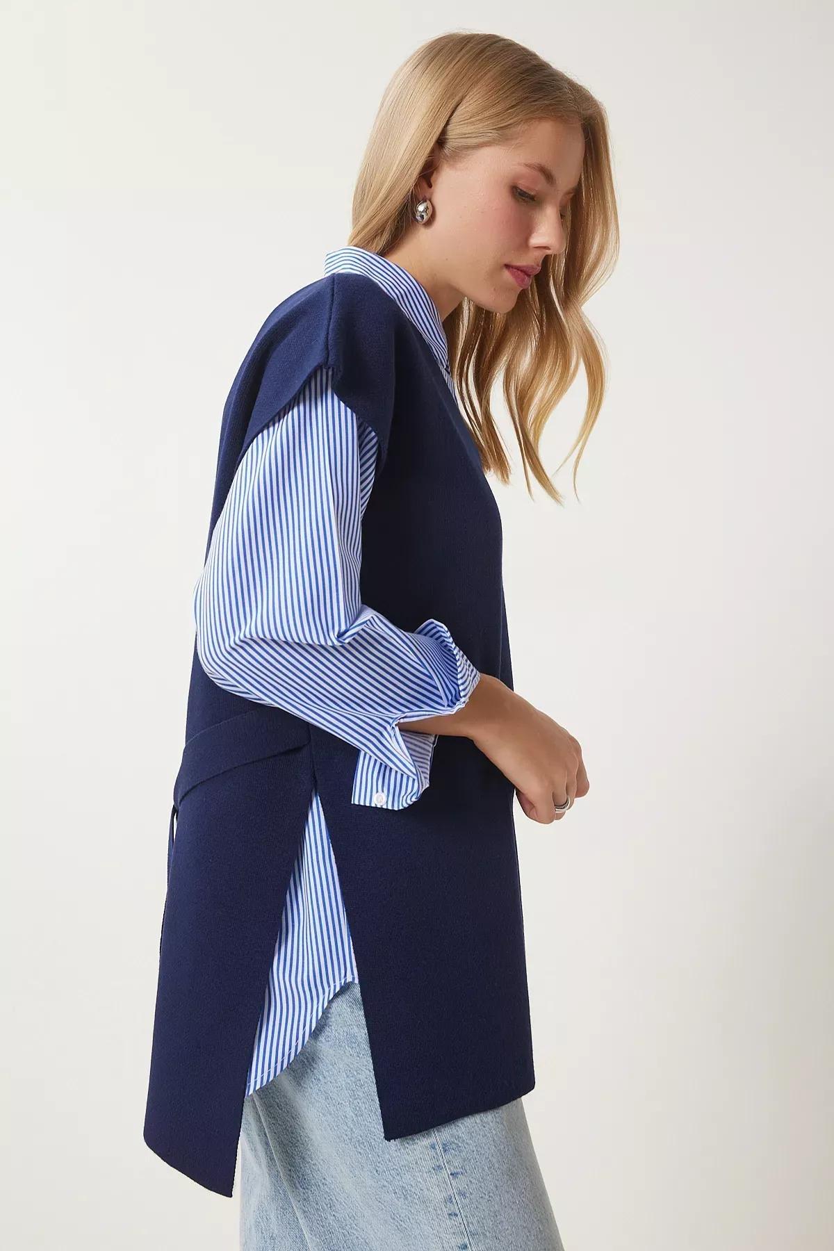 Navy V-Neck Knit Sweater, Navy blue, large image number 1