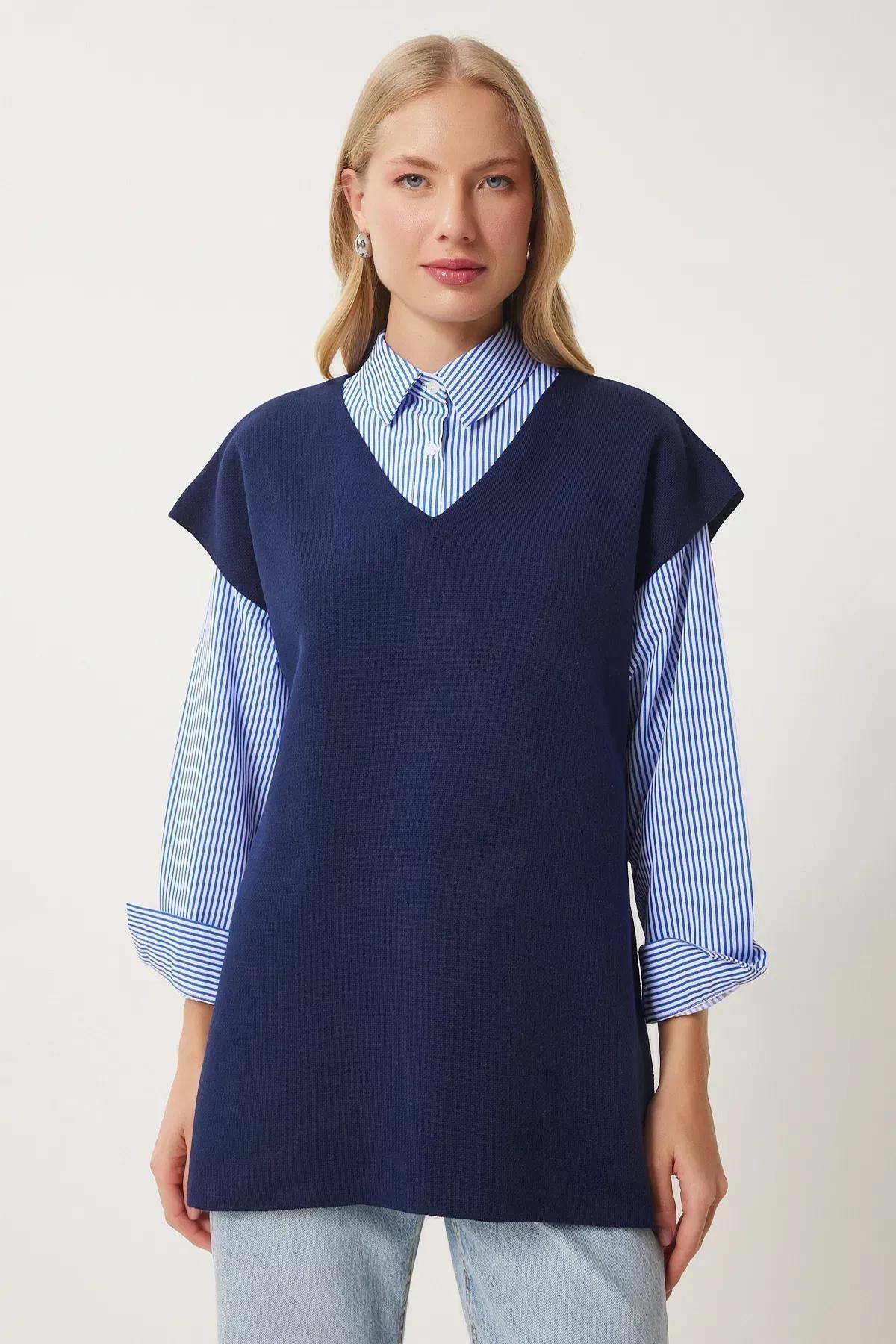 Navy V-Neck Knit Sweater, Navy blue, large image number 2