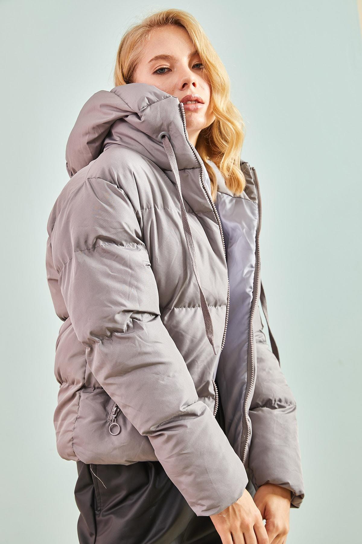 Grey Hooded Down Jacket, , large image number 3