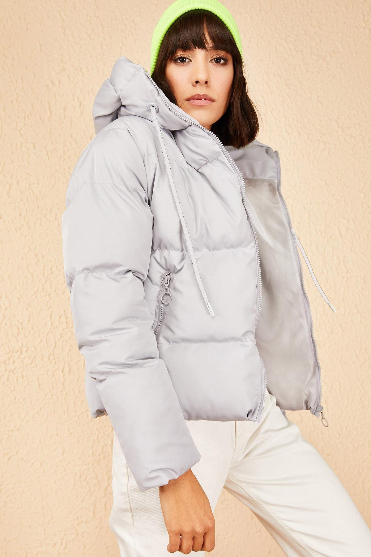 Grey Hooded Down Jacket, , large image number 3