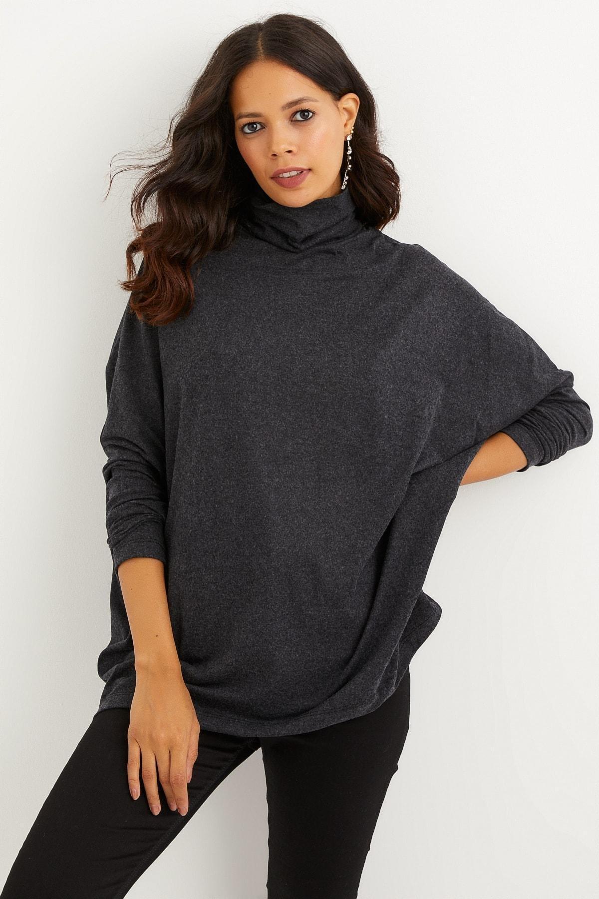 Grey Oversize Turtleneck Blouse, , large image number 0