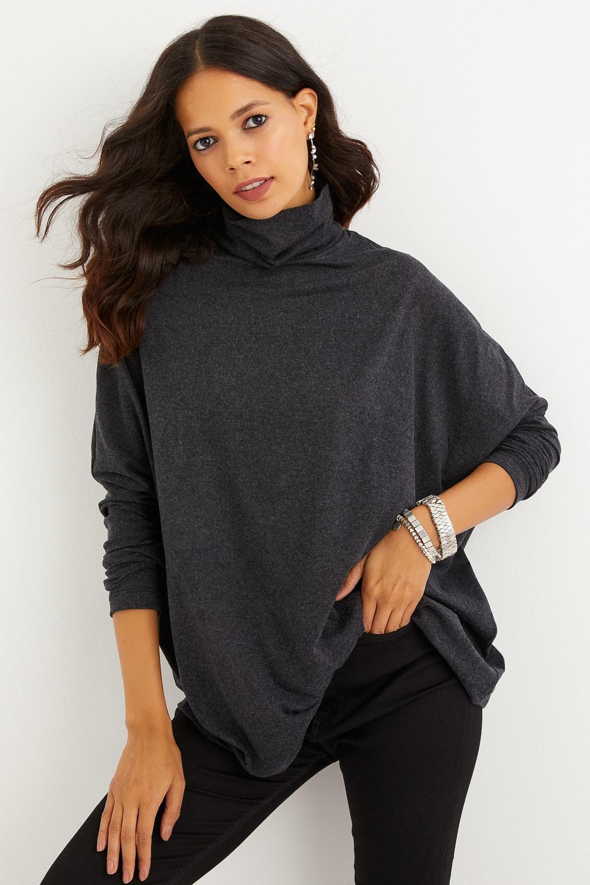Grey Oversize Turtleneck Blouse, , large image number 1