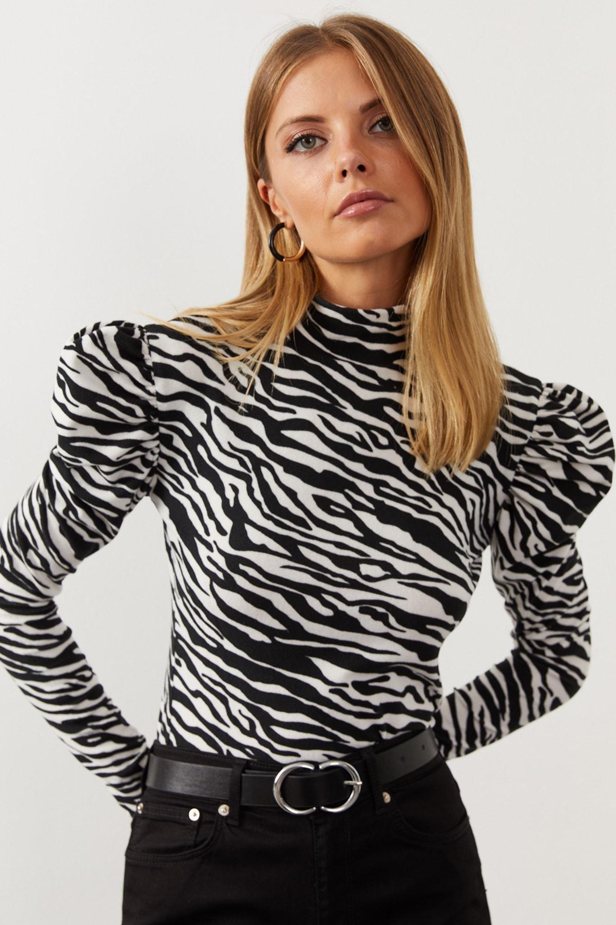 Black Animal Print Turtleneck Blouse, BLACK WHITE, medium