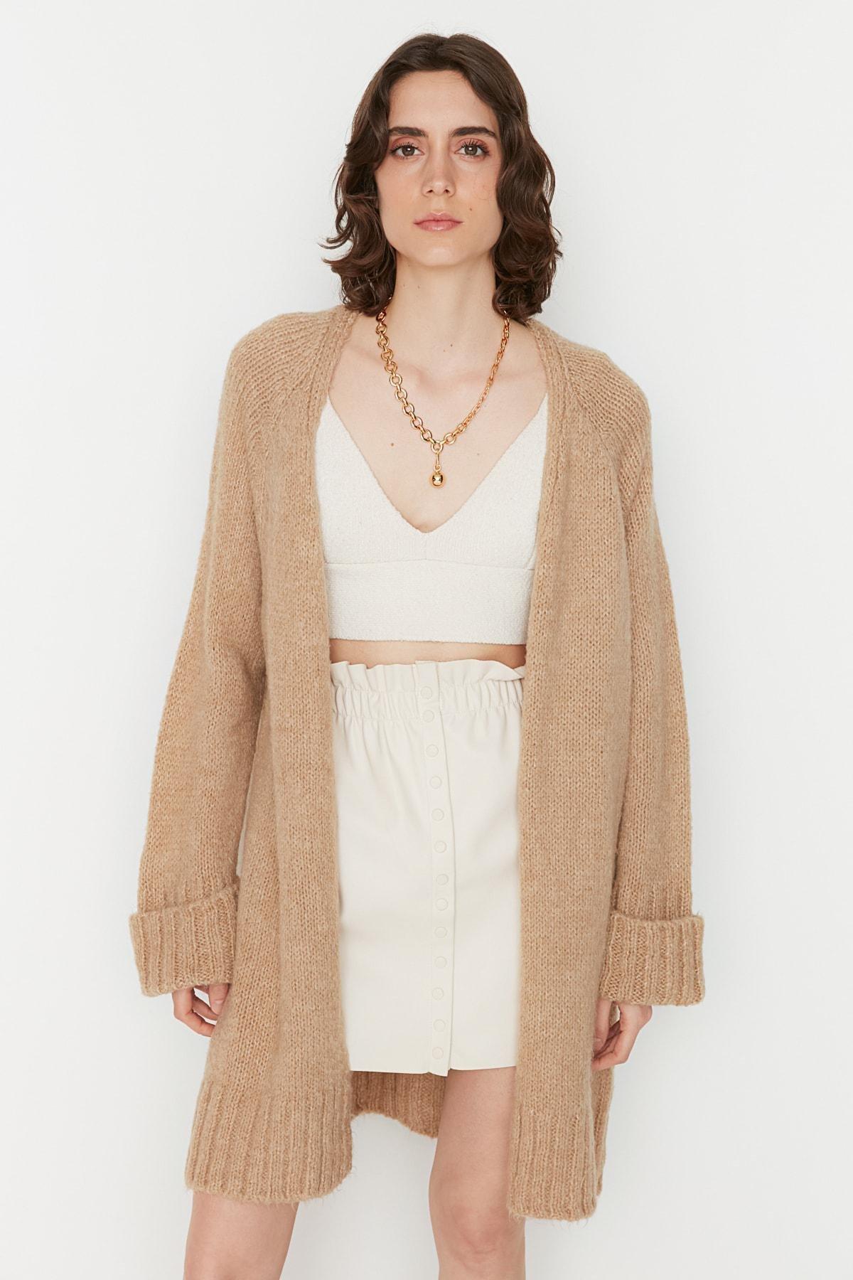 Brown Regular V Neck Cardigan, Brown, large image number 0