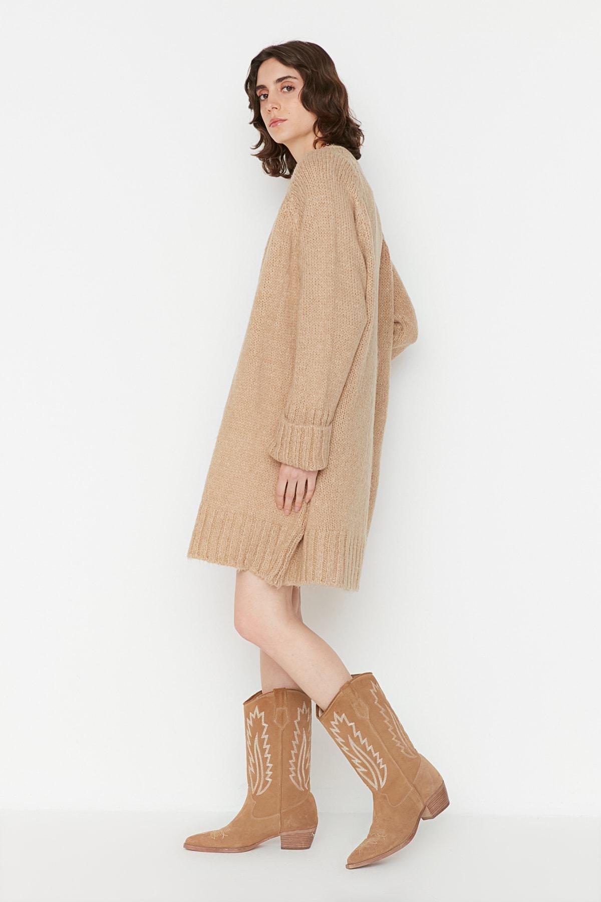 Brown Regular V Neck Cardigan, Brown, large image number 1