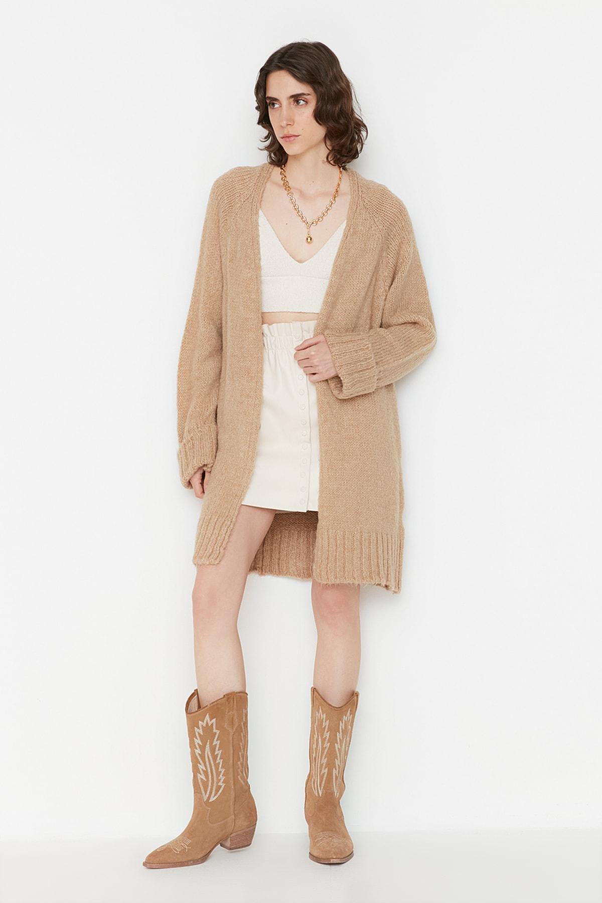 Brown Regular V Neck Cardigan, Brown, large image number 2