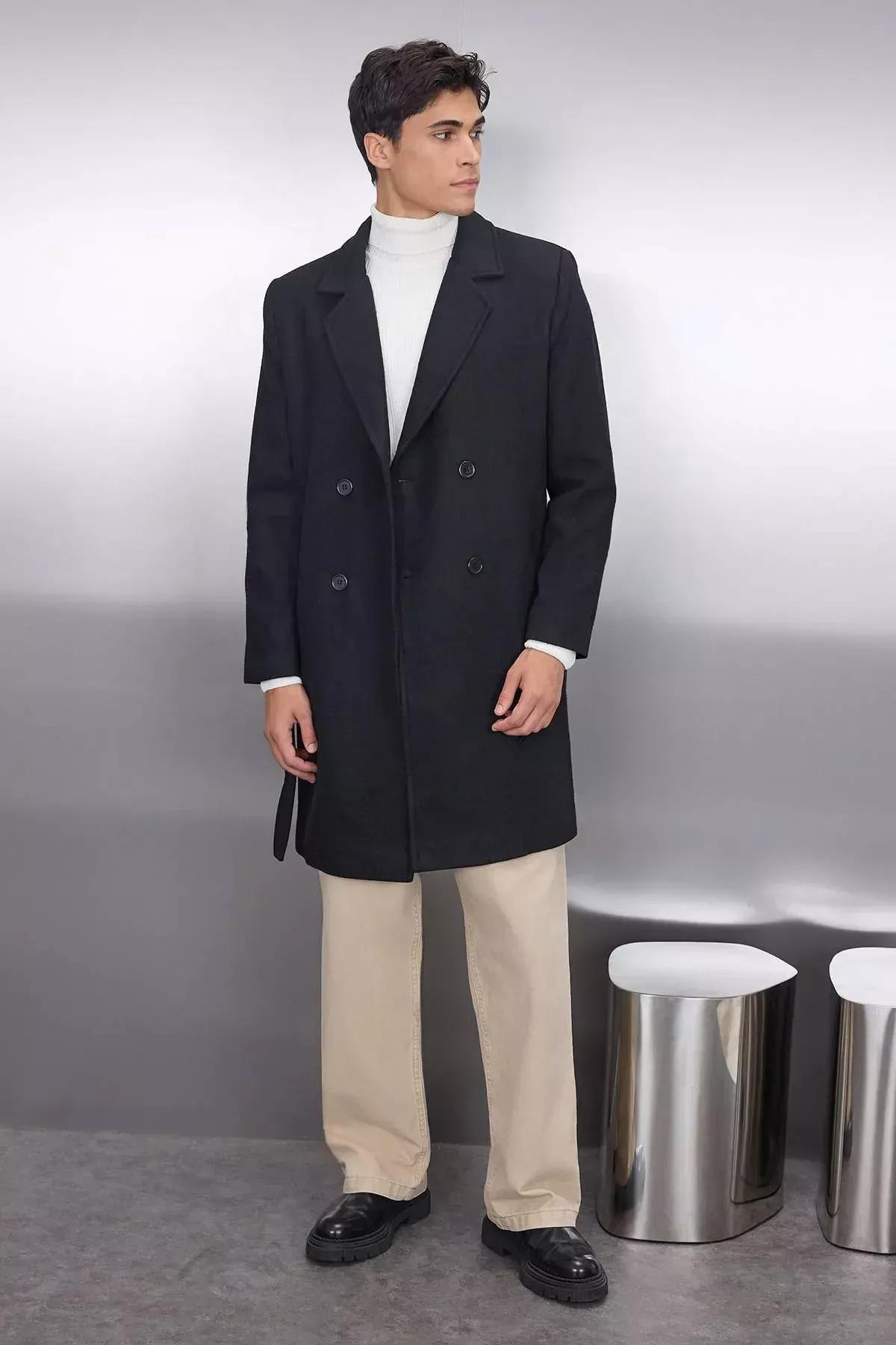 Black Lapel Collar Coat, Black, medium