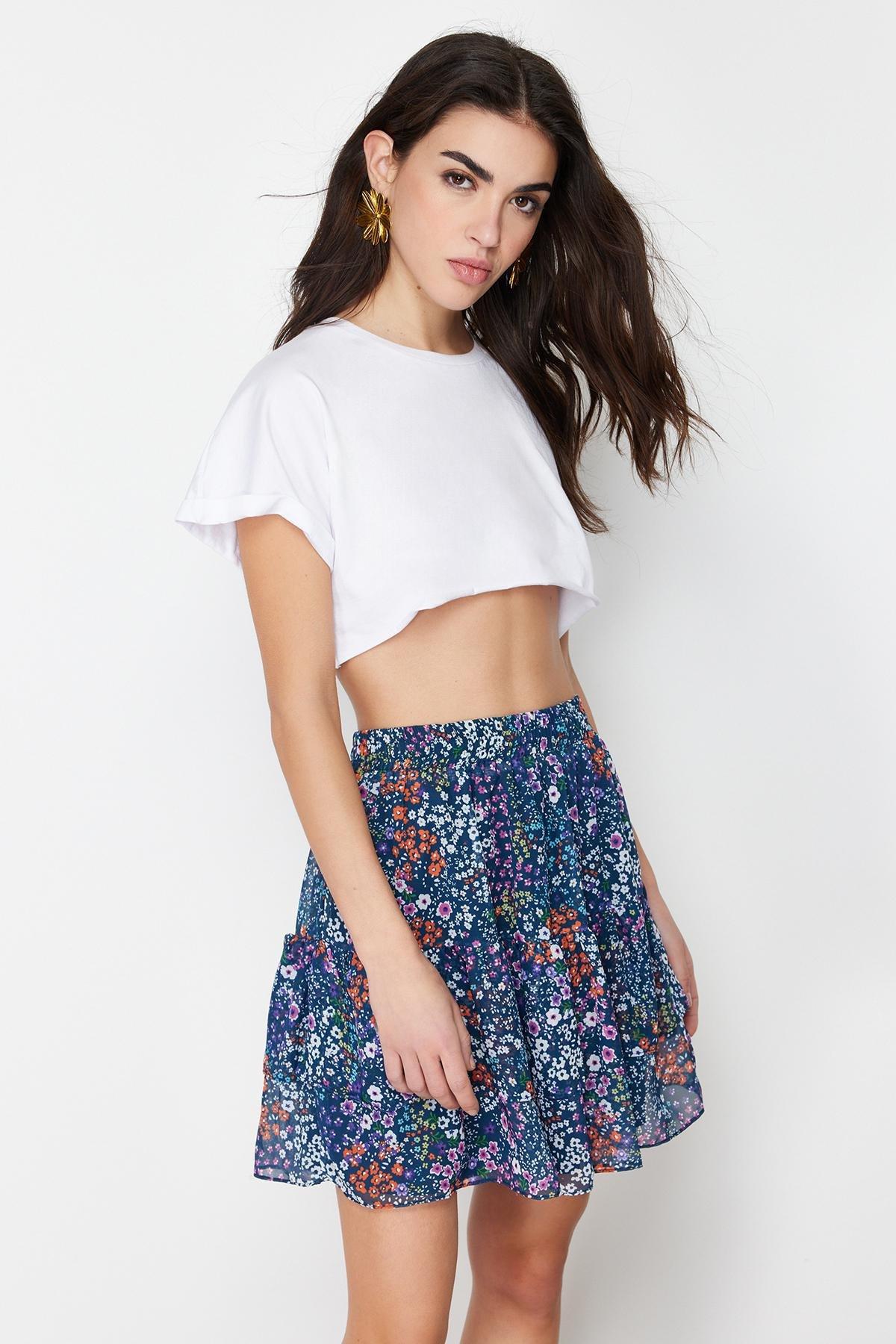 Navy Lined Floral Patterned Mini Skirt, Navy blue, large image number 1