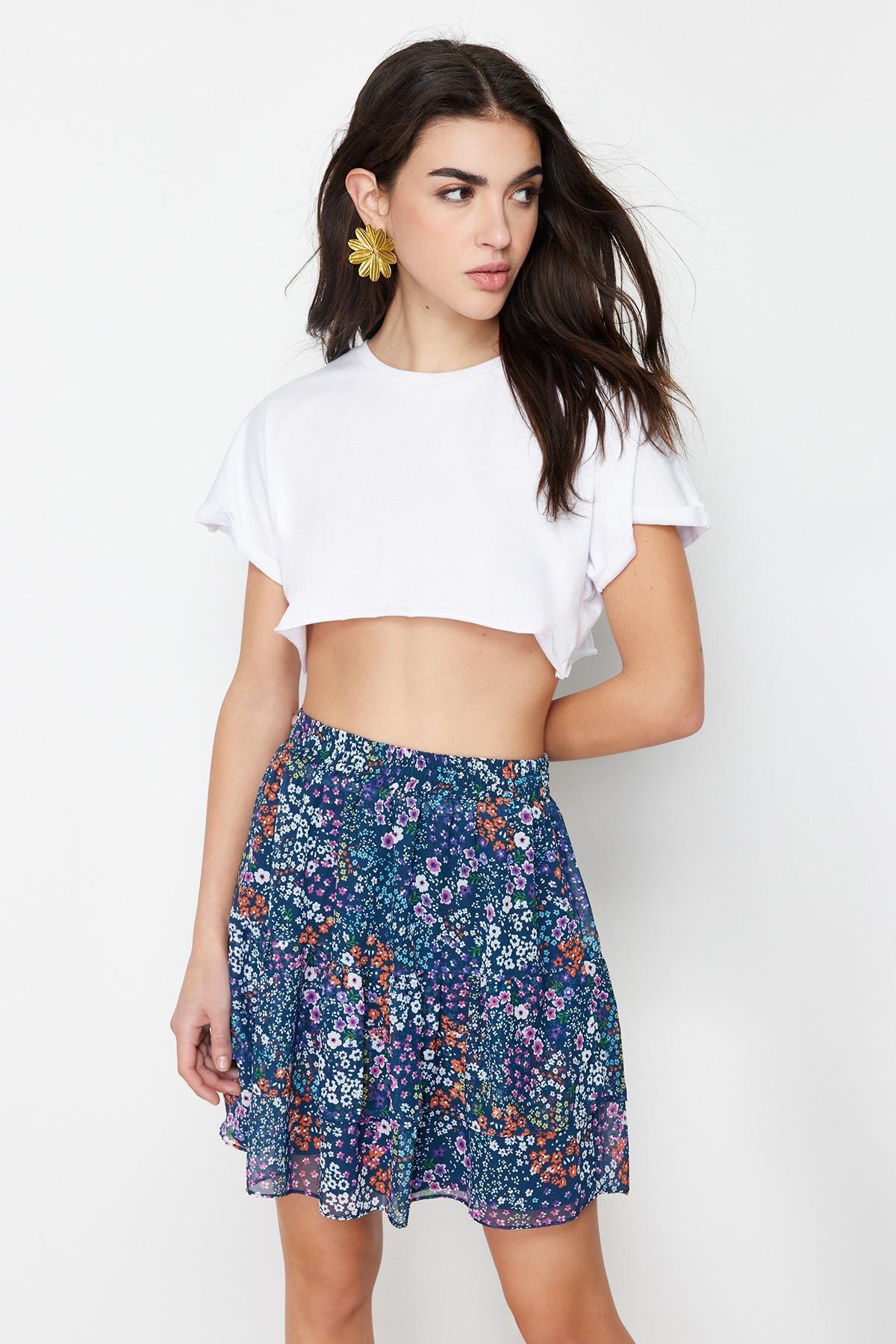 Navy Lined Floral Patterned Mini Skirt, Navy blue, large image number 2