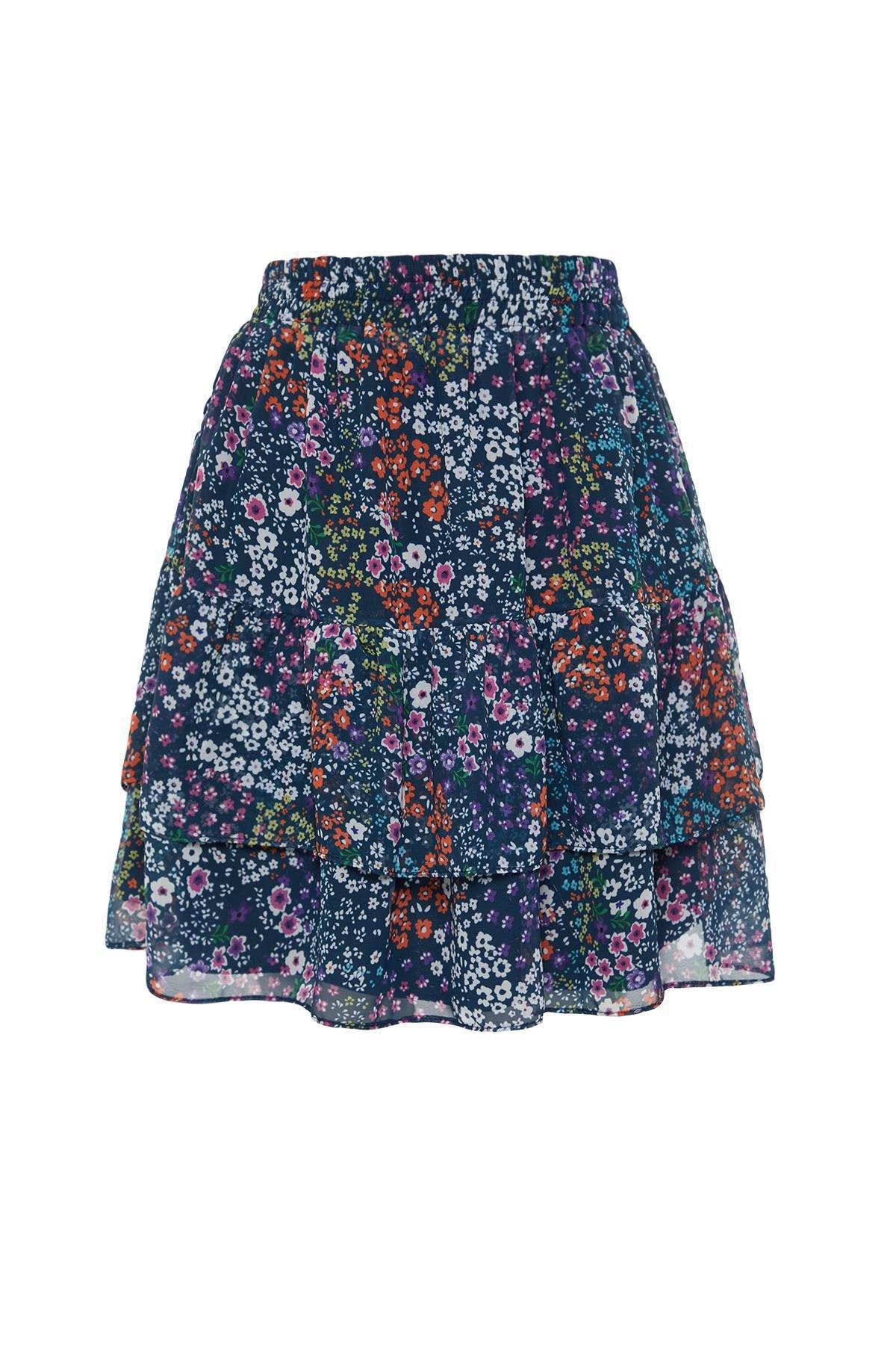 Navy Lined Floral Patterned Mini Skirt, Navy blue, large image number 5