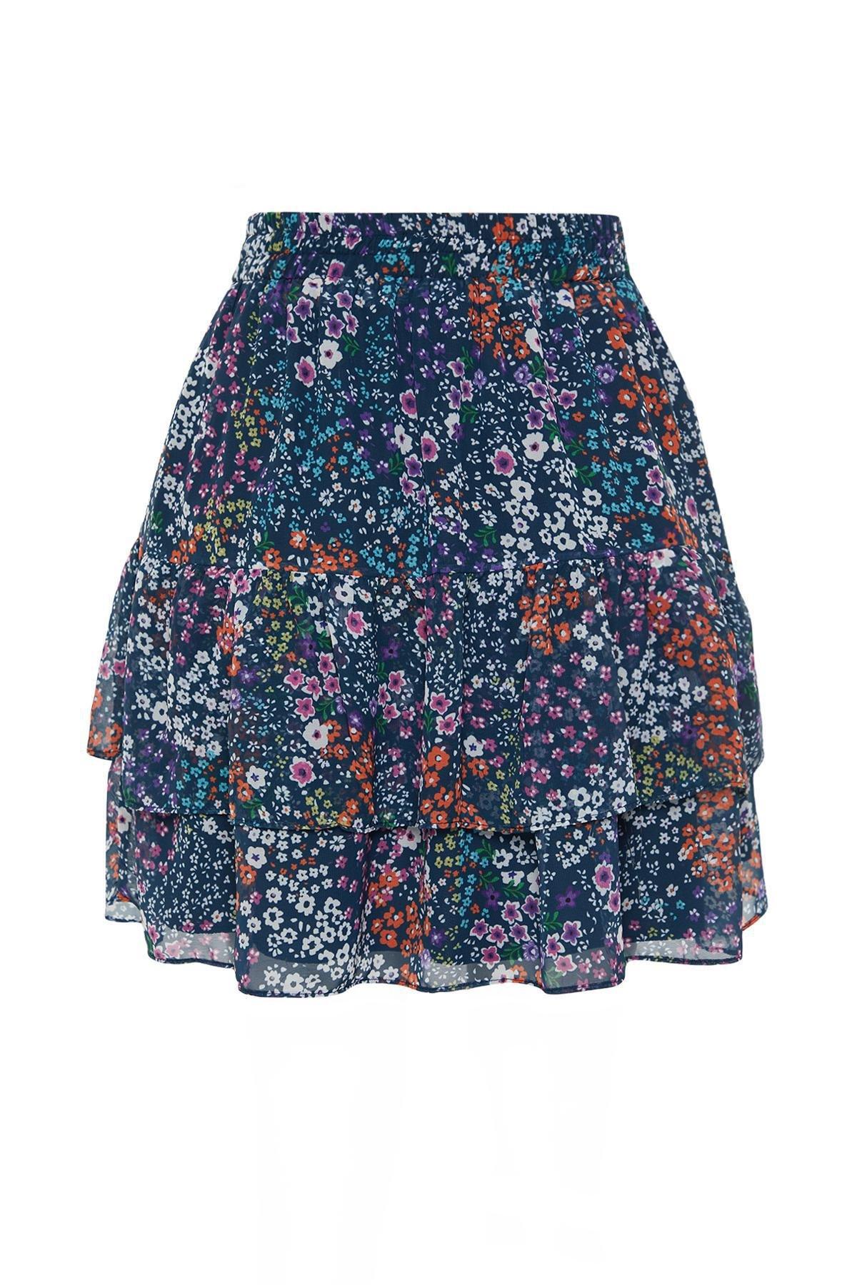 Navy Lined Floral Patterned Mini Skirt, Navy blue, large image number 6