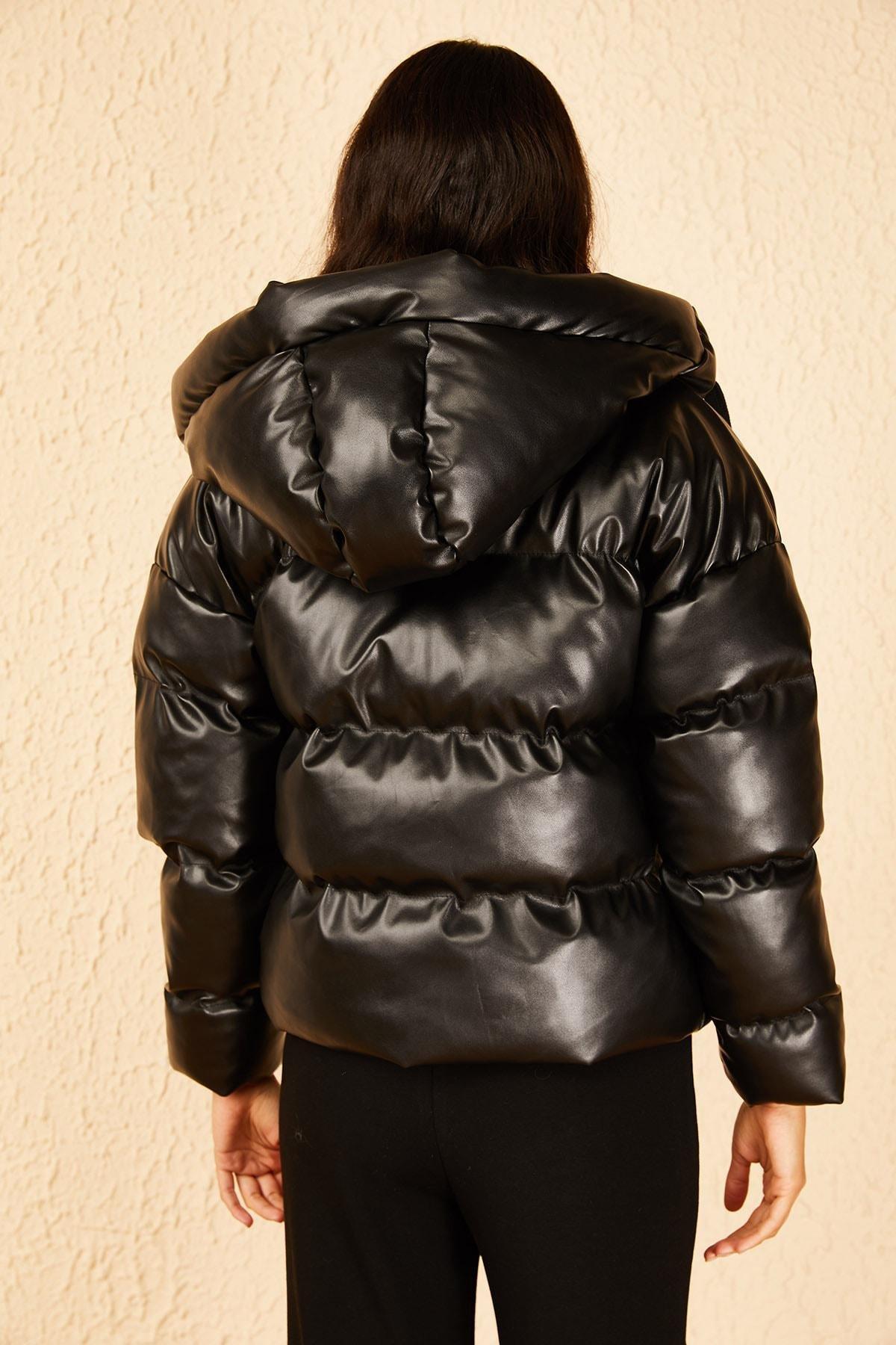 Black Hooded Leather Coat, , large image number 4