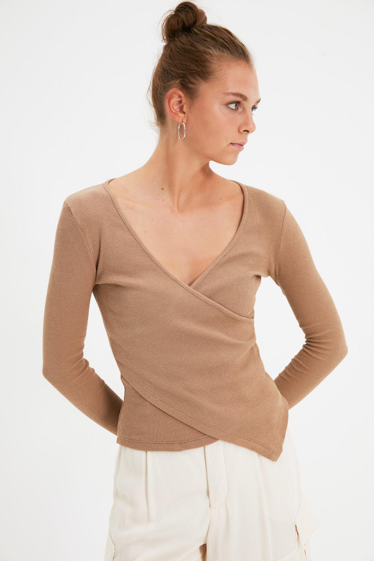Brown Slim Cache-Coeur Blouse, , large image number 5