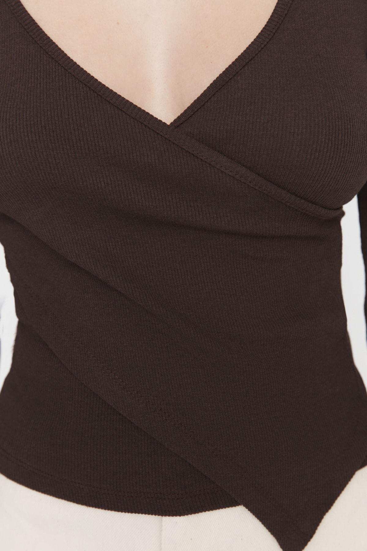 Brown Slim Cache-Coeur Blouse, , large image number 6