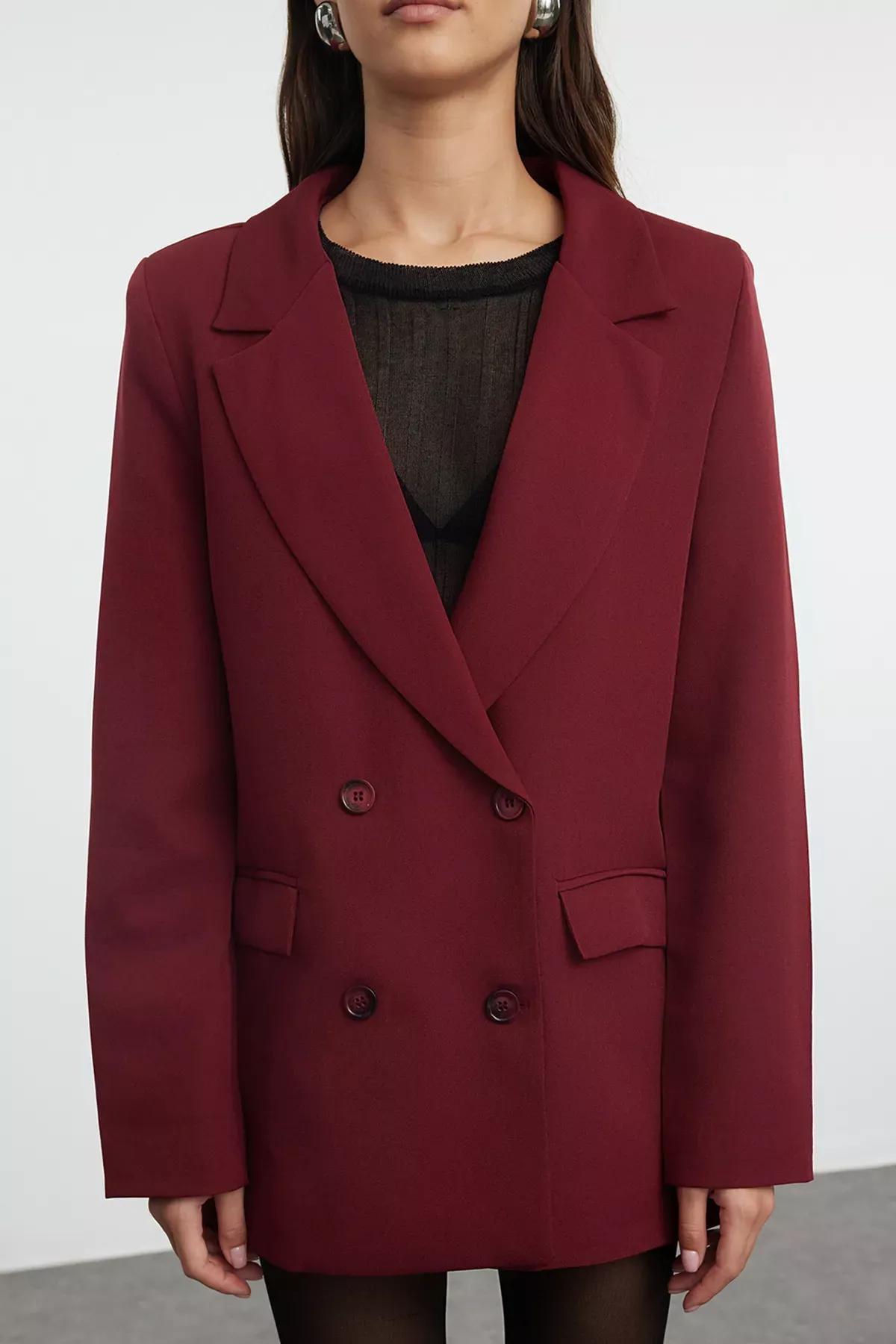 Red Double Breasted Woven Blazer, Burgundy, medium