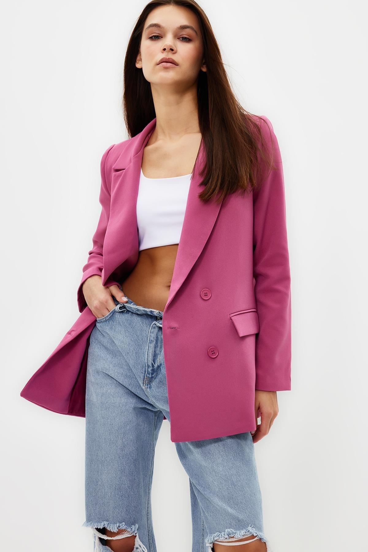 Pink Lined Double-Breasted Blazer, , large image number 0