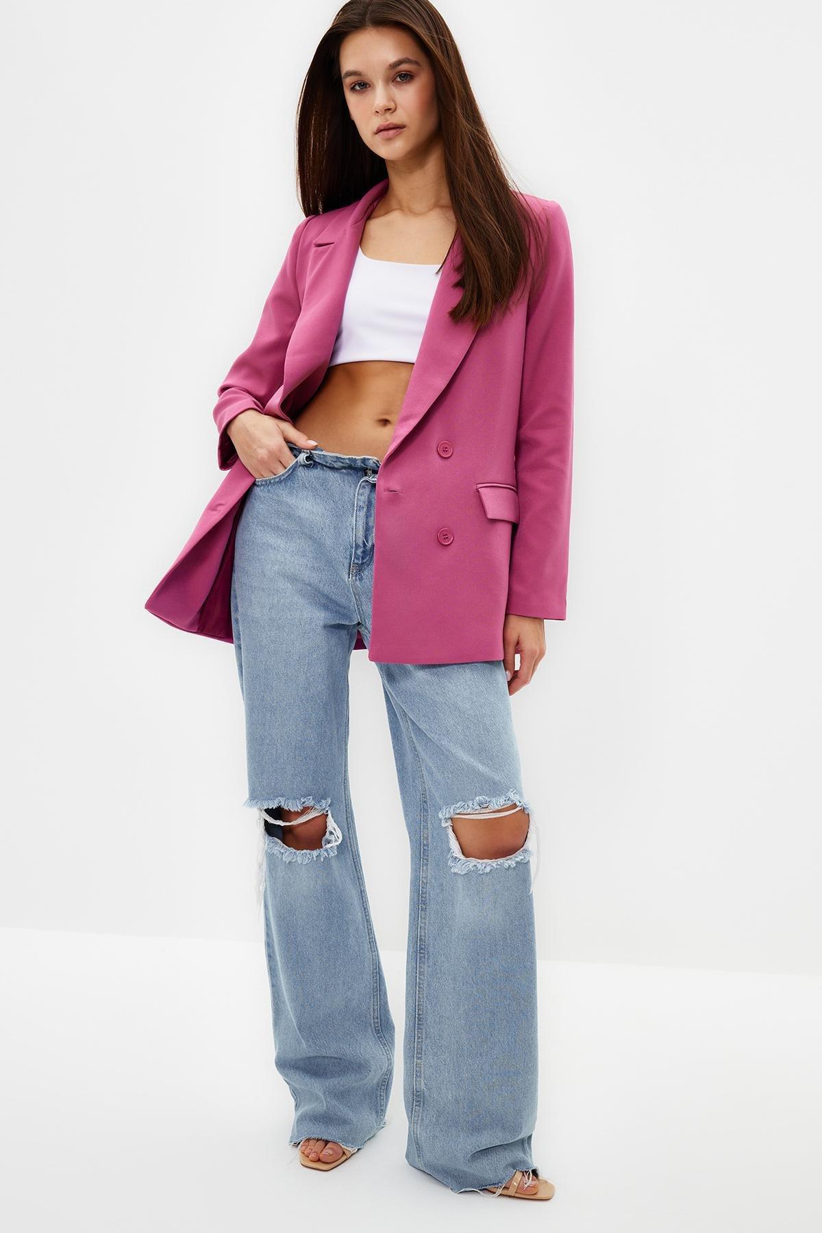 Pink Lined Double-Breasted Blazer, , large image number 1