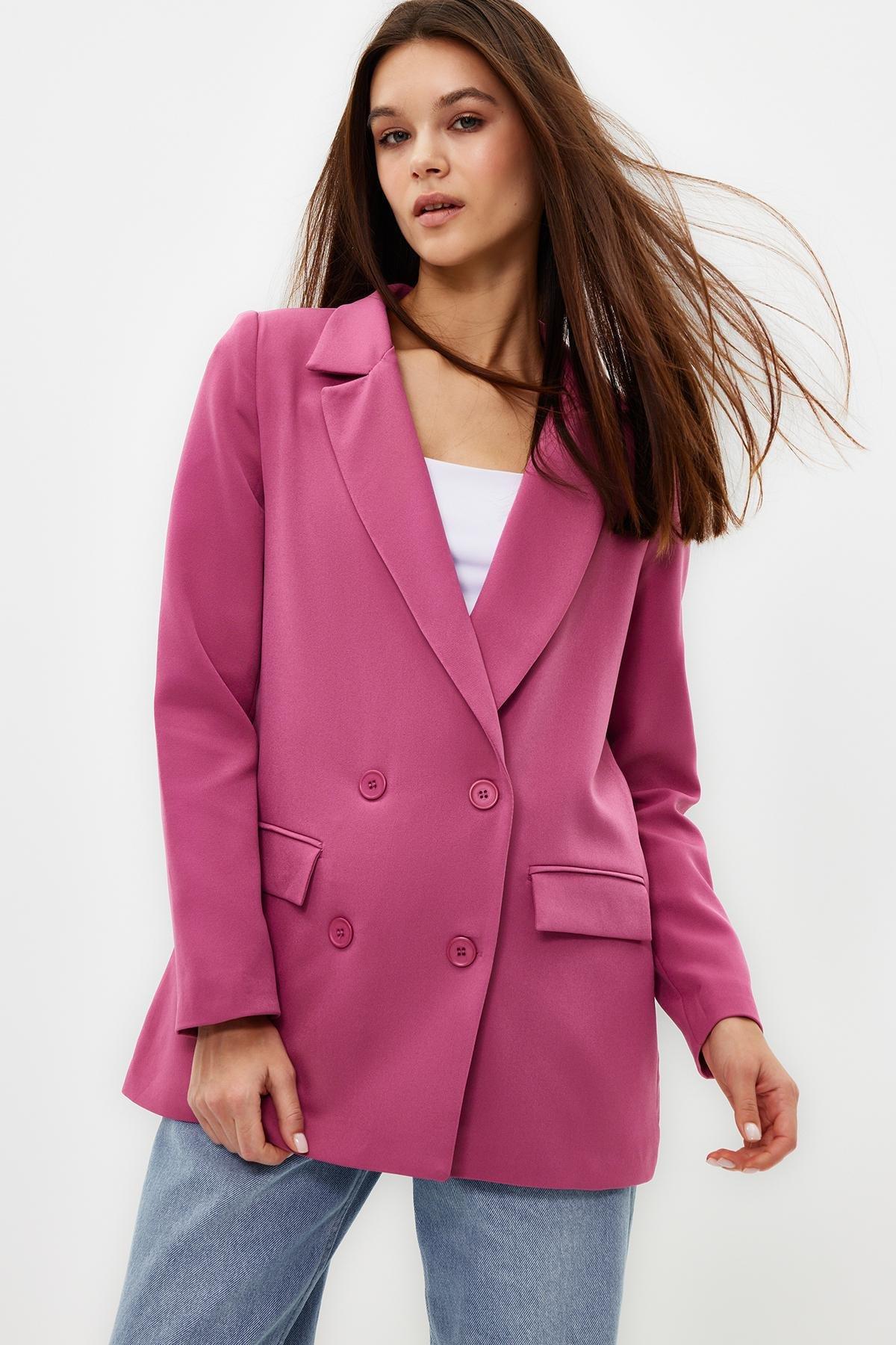 Pink Lined Double-Breasted Blazer, , large image number 2