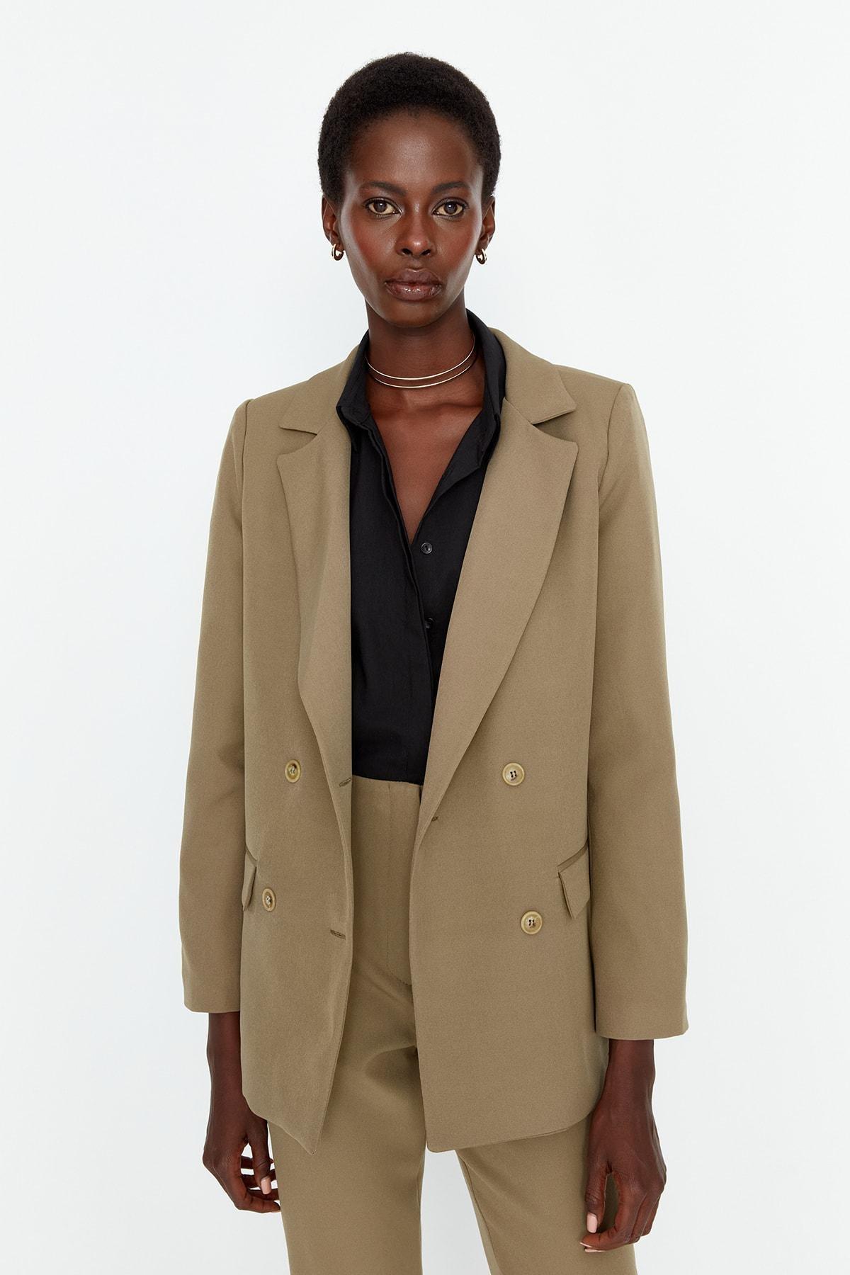 Khaki Double-Breasted Blazer, Khaki, medium