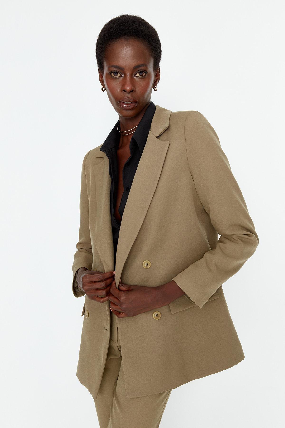 Khaki Double-Breasted Blazer, Khaki, medium