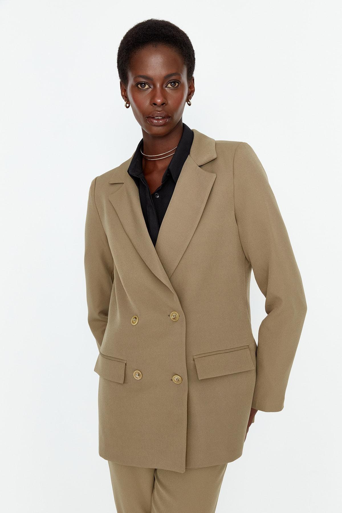 Khaki Double-Breasted Blazer, Khaki, medium