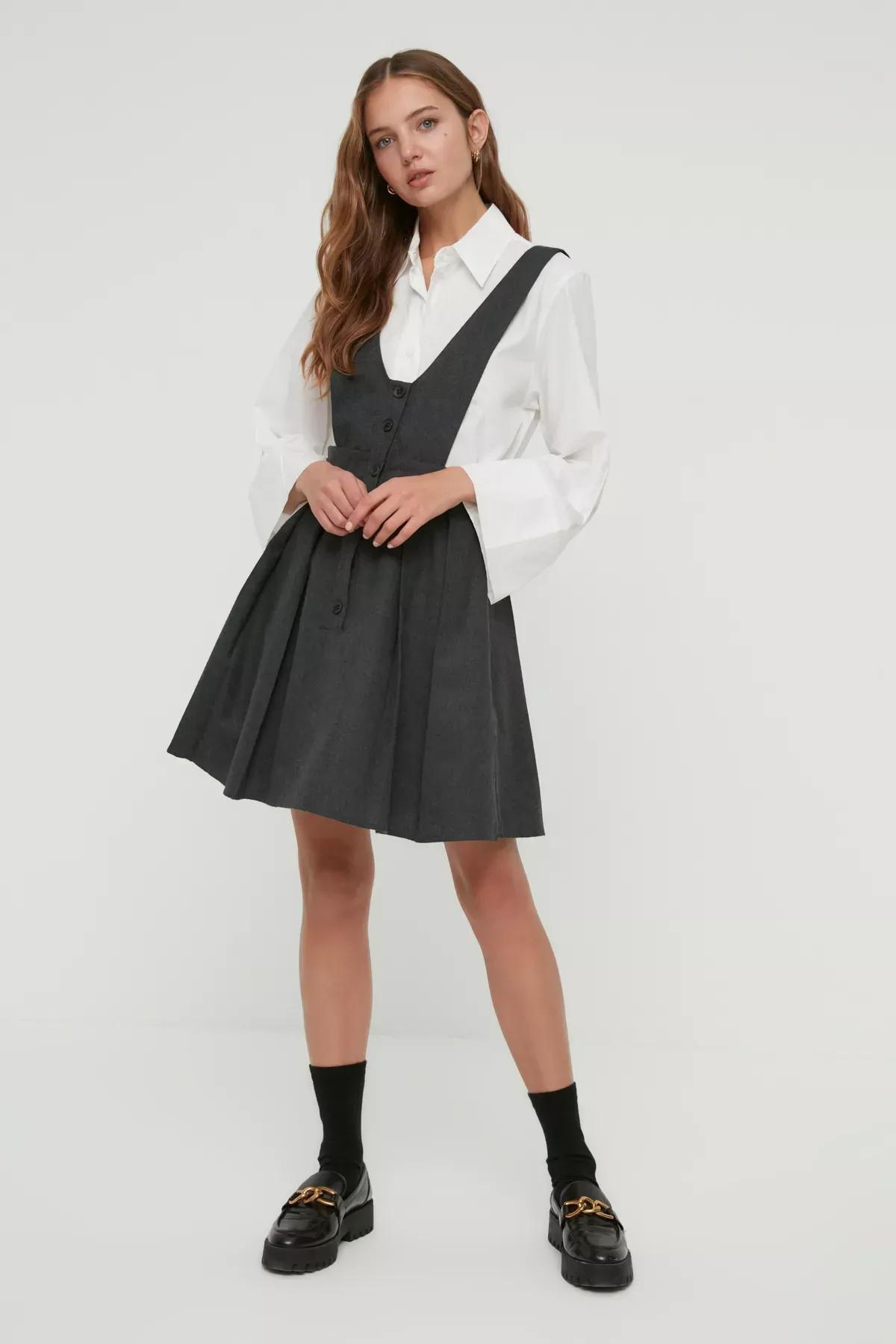 Grey V-Neck Dress, Gray, large image number 1