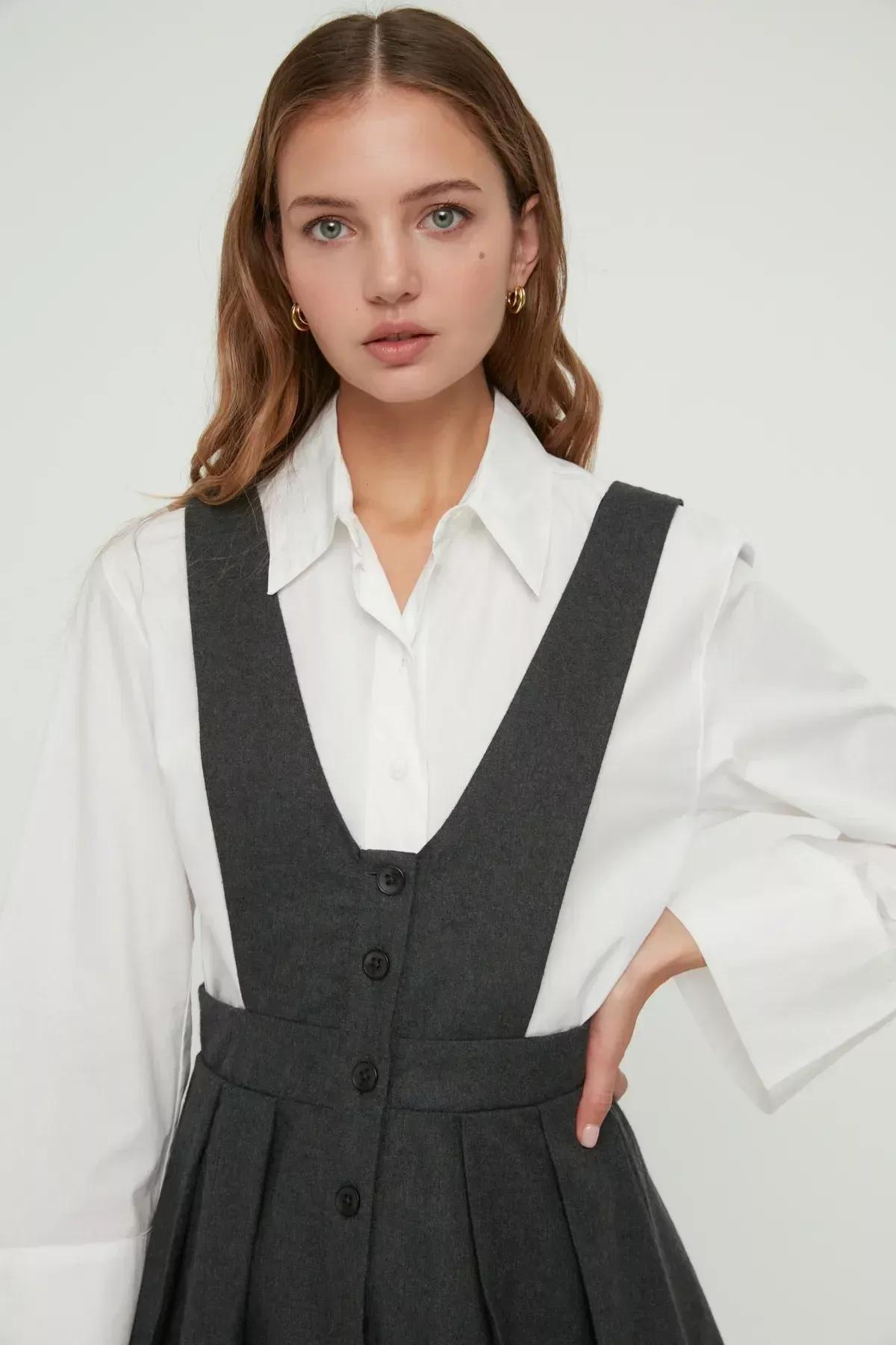 Grey V-Neck Dress, Gray, large image number 2