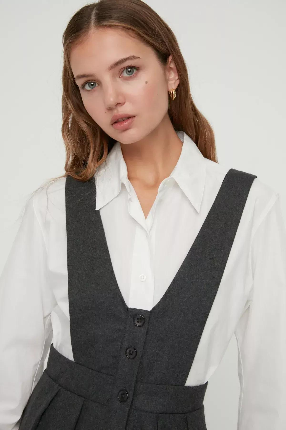 Grey V-Neck Dress, Gray, large image number 3