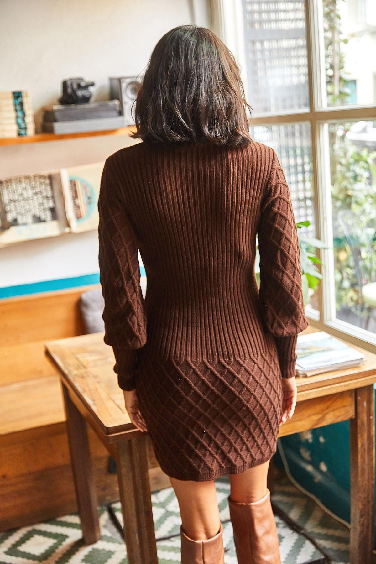 Brown Textured Knitwear Dress, BITTER COFFEE, large image number 4
