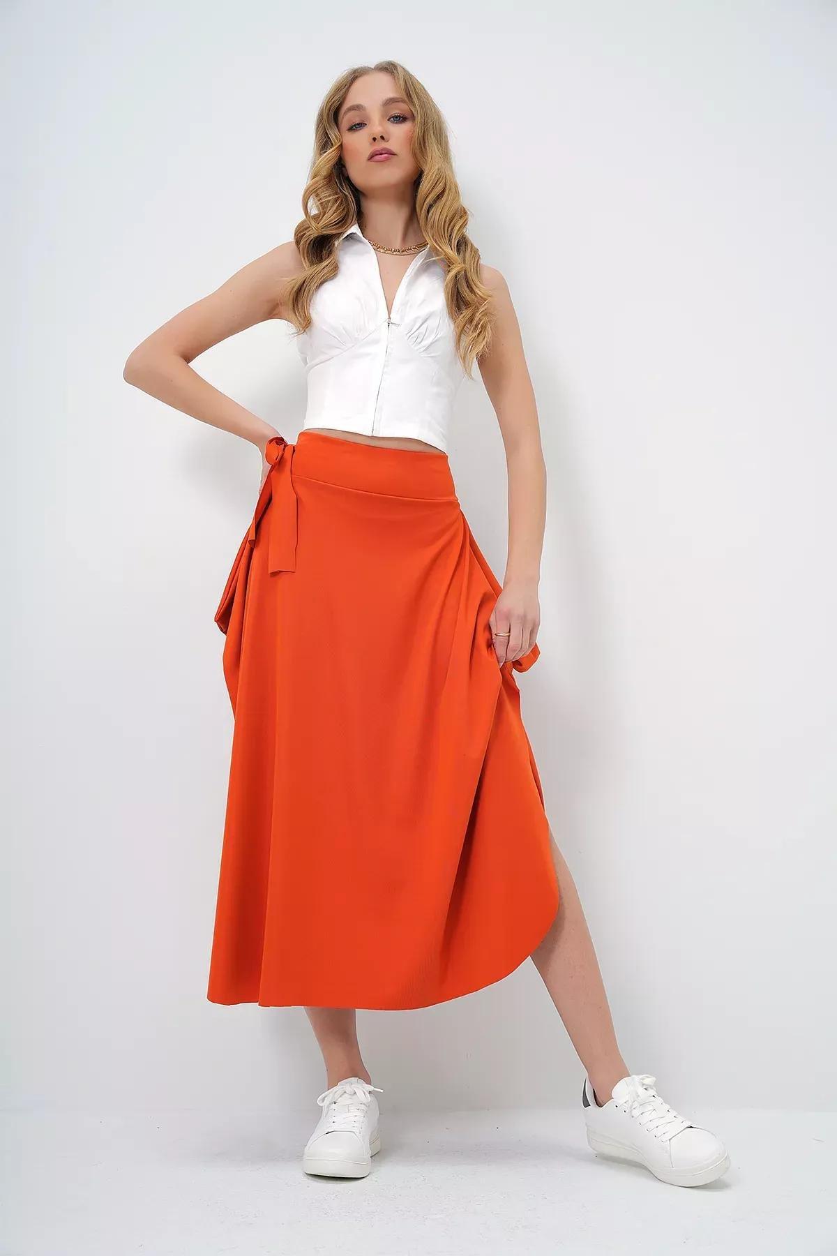 Orange Asymmetrical Tied Waist Skirt, Orange, large image number 1