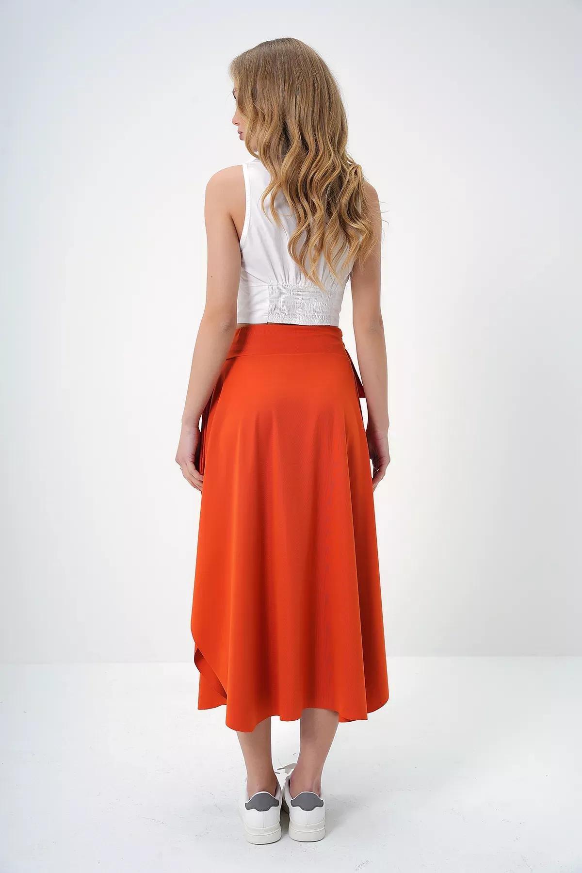 Orange Asymmetrical Tied Waist Skirt, Orange, large image number 4